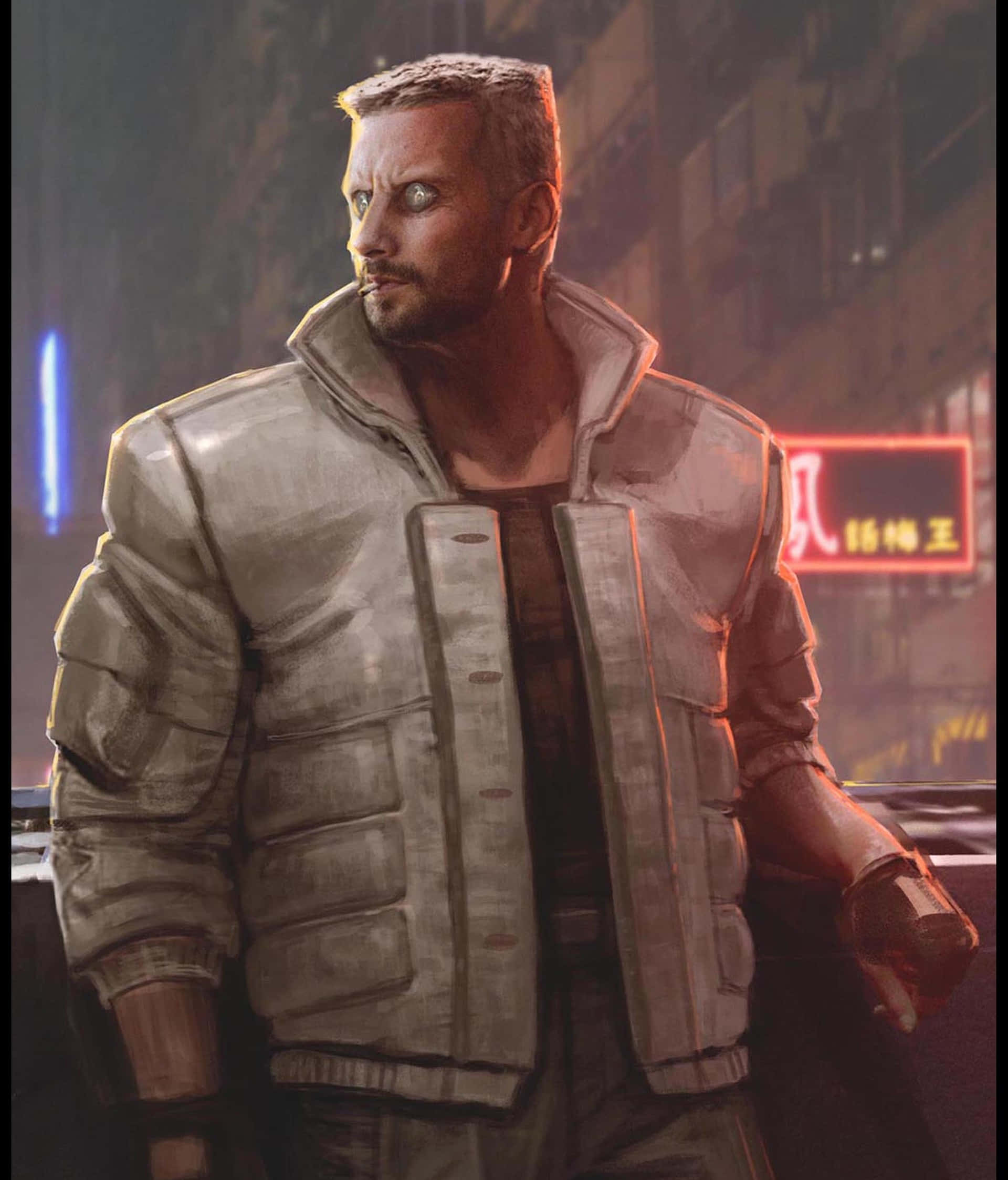 Ghost In The Shell Batou, cyborg warrior, neon-lit urban alleyway, Full HD Phone Wallpaper