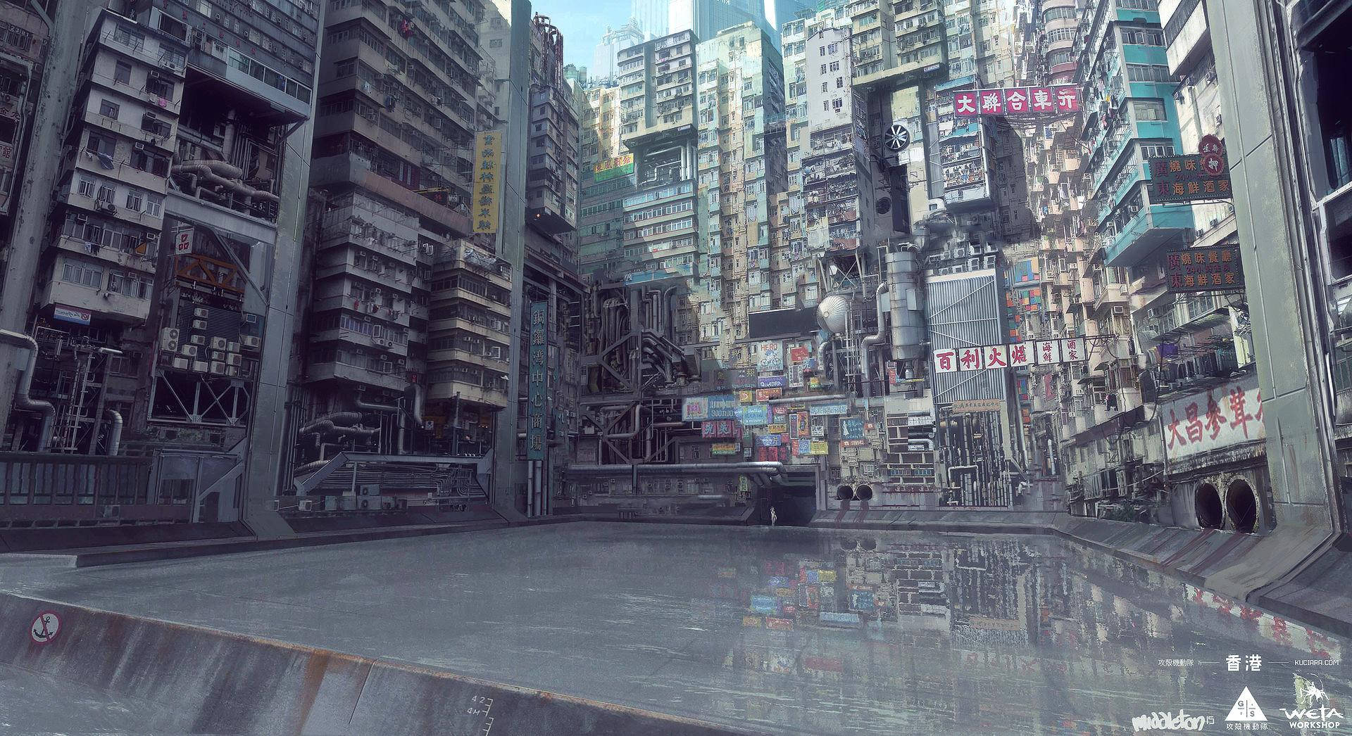 Ghost In The Shell 1995, futuristic city street, rain-slicked, Full HD Desktop Wallpaper