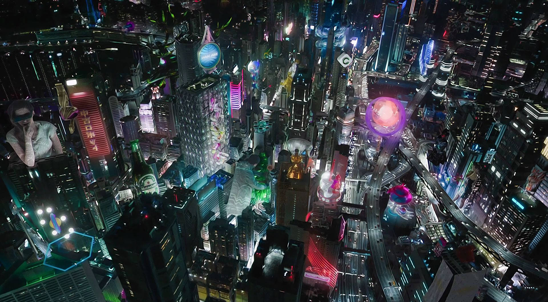 Ghost In The Shell, movie setting, neon-lit futuristic cityscape, Full HD Desktop Wallpaper