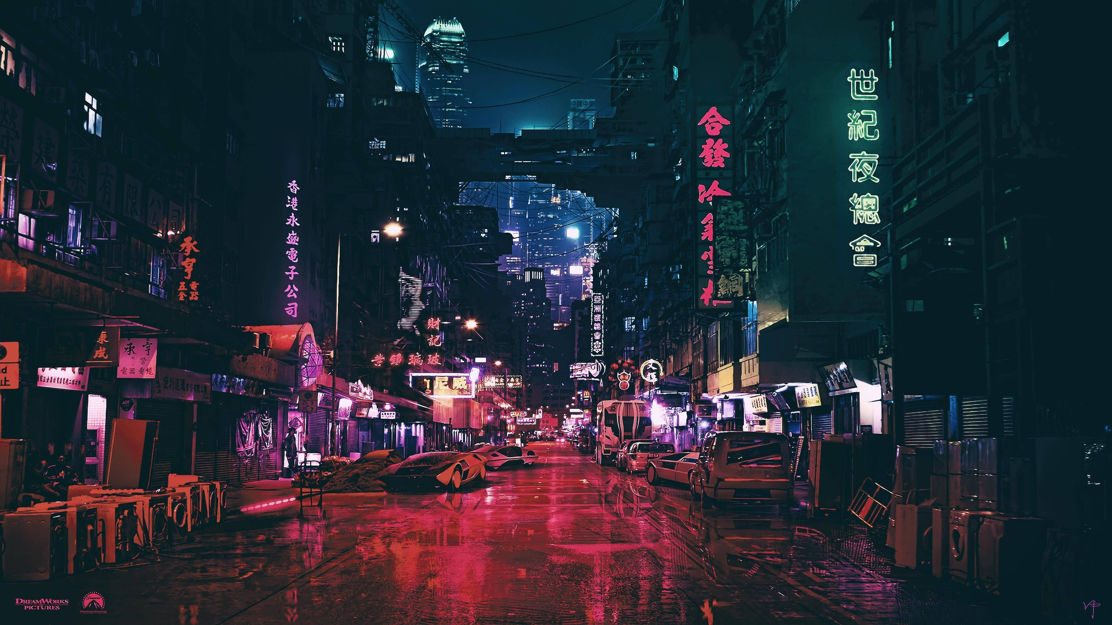 Ghost In The Shell, City Street, neon-lit urban alley, 4K Desktop Wallpaper