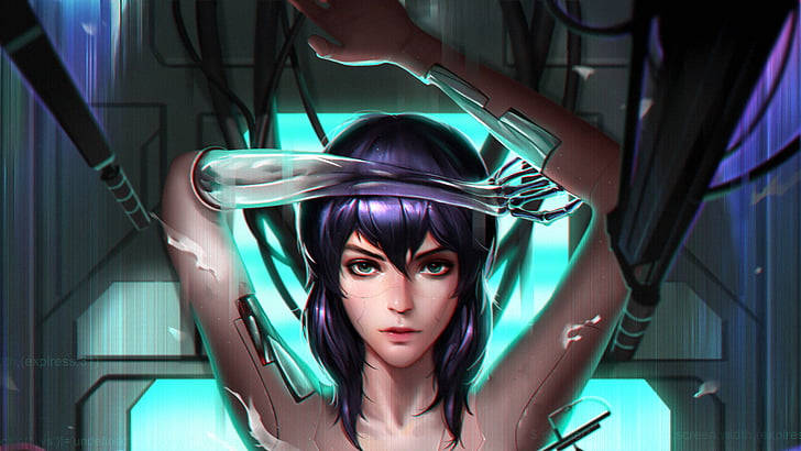 Ghost In The Shell, purple hair, glowing teal arms, SD Desktop Wallpaper