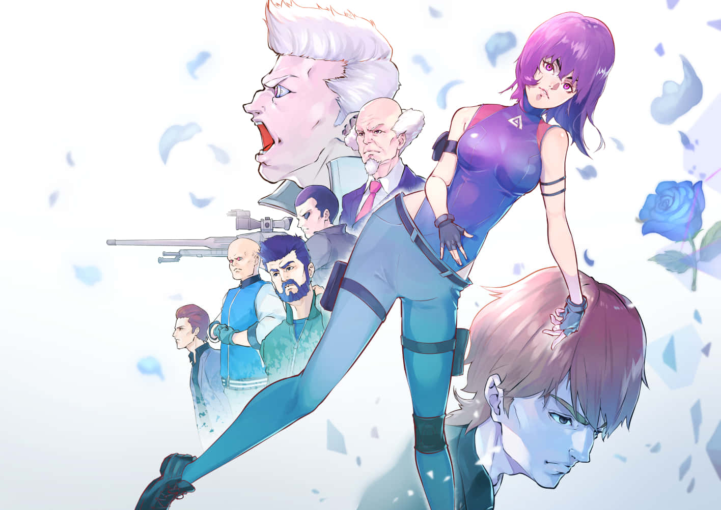 Ghost In The Shell, purple-haired woman, blue gear, HD Desktop Wallpaper