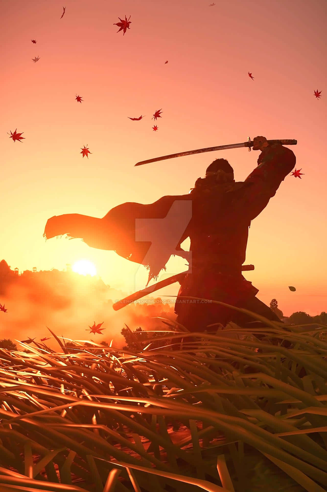 Ghost Of Tsushima, samurai warrior, fiery sunset, Full HD Phone Wallpaper