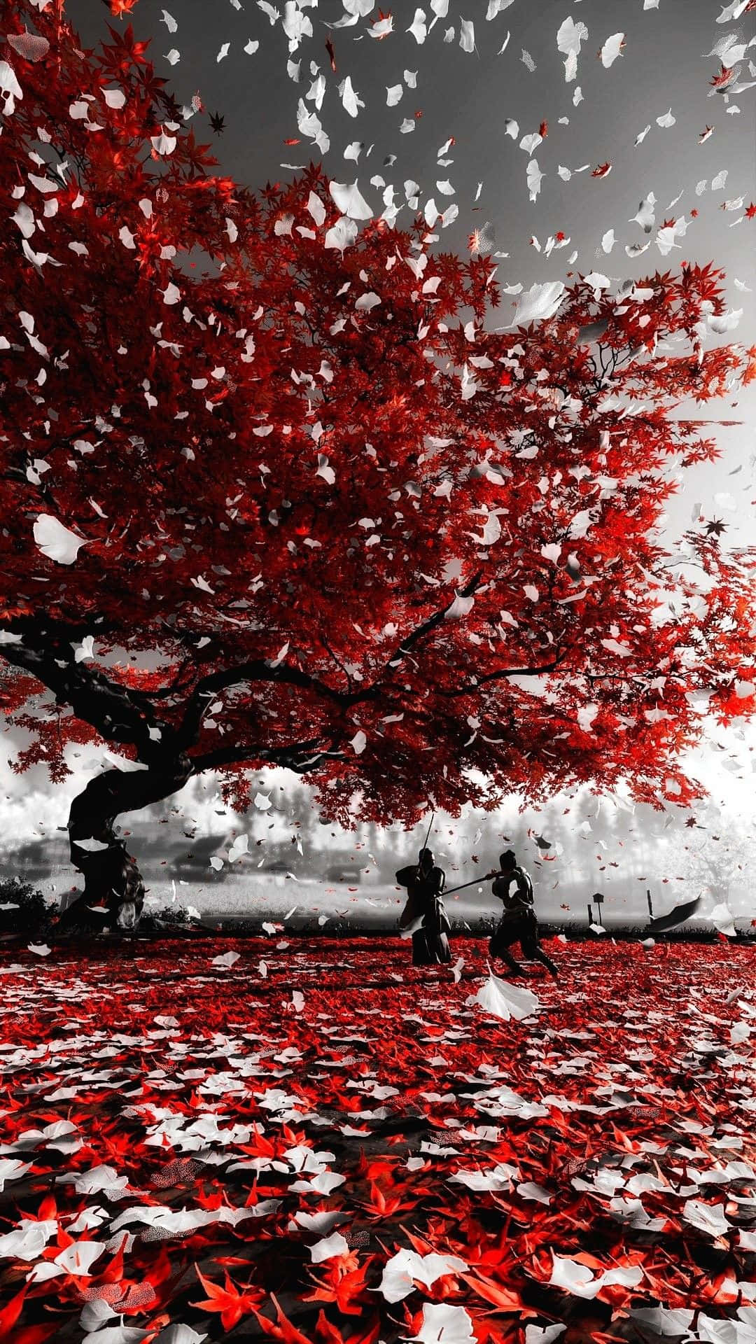 Ghost Of Tsushima, red maple tree, crimson leaves, Full HD Phone Wallpaper