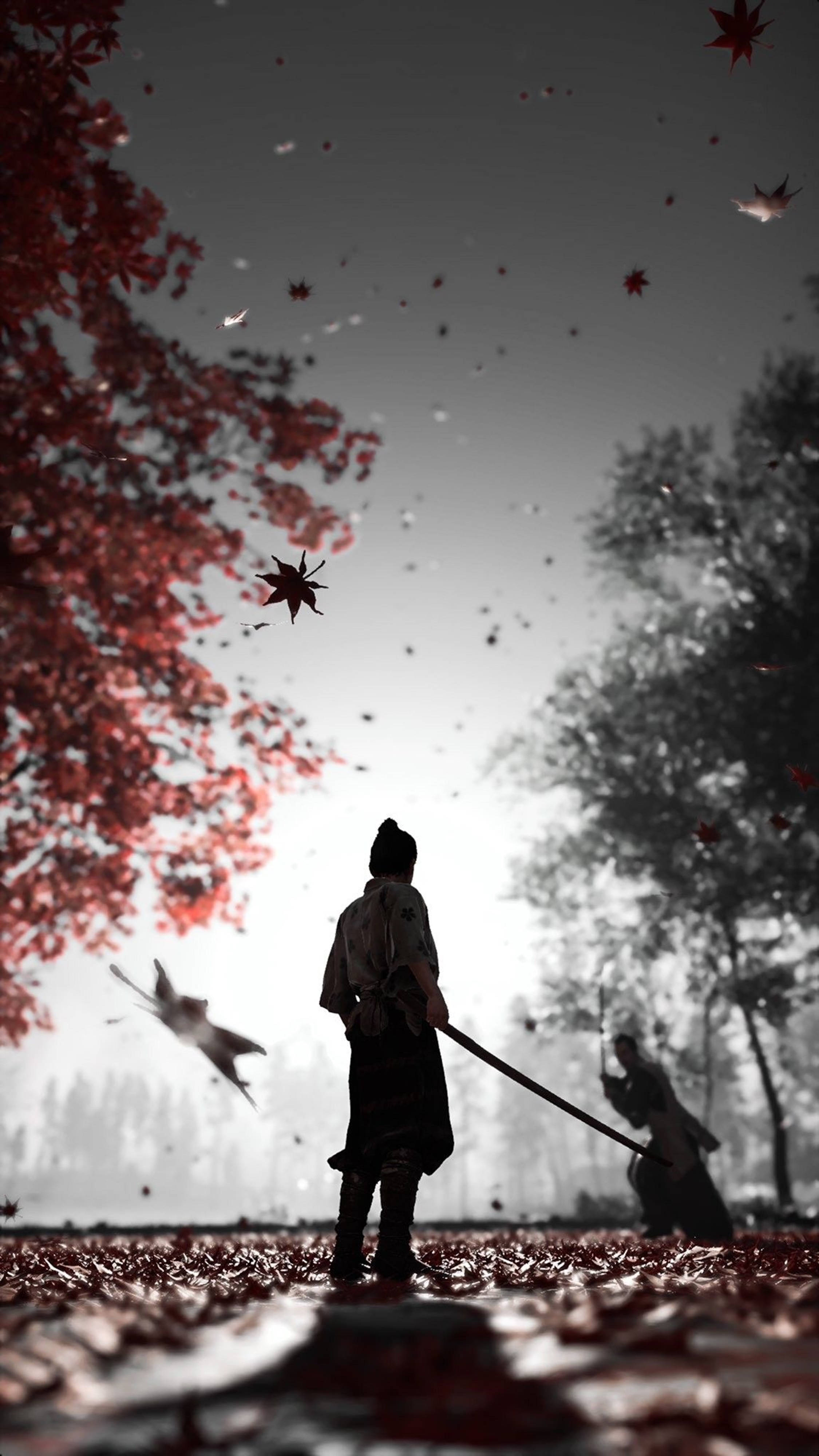 Ghost Of Tsushima, silhouetted man with sword, crimson maple leaves, 4K Phone Wallpaper