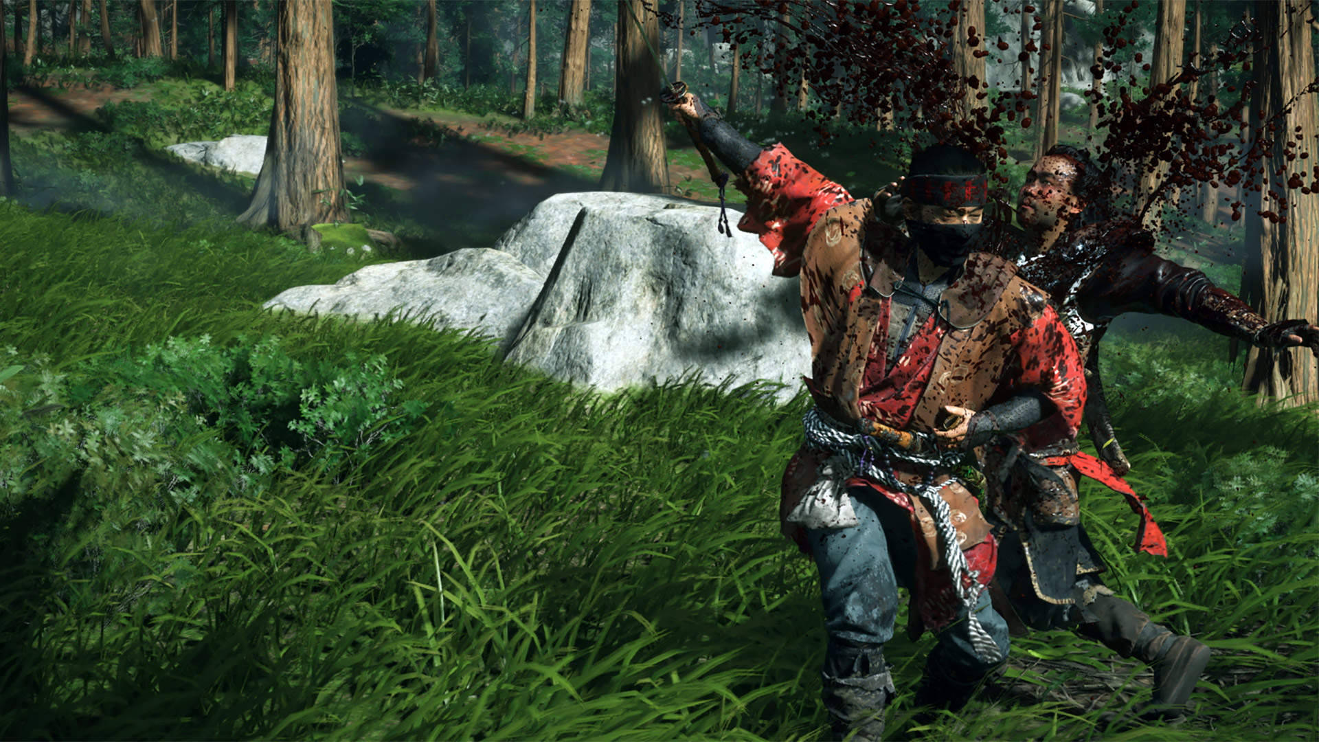 Ghost Of Tsushima, samurai warriors, dense green forest, Full HD Desktop Wallpaper