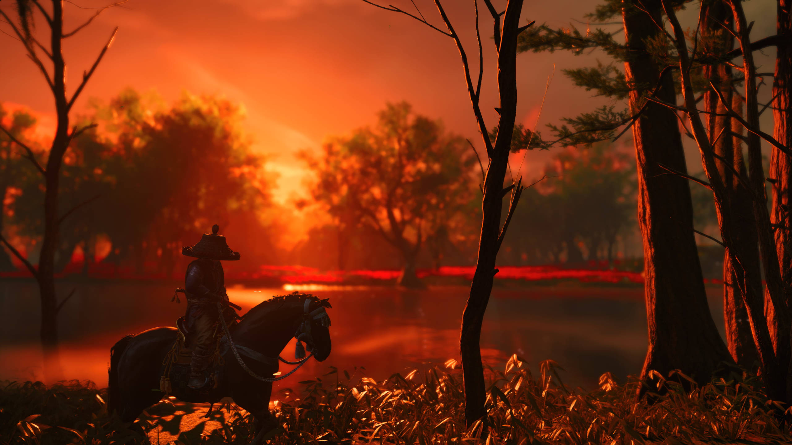 Ghost Of Tsushima, golden hour, fiery orange sunset, 2K Desktop Wallpaper