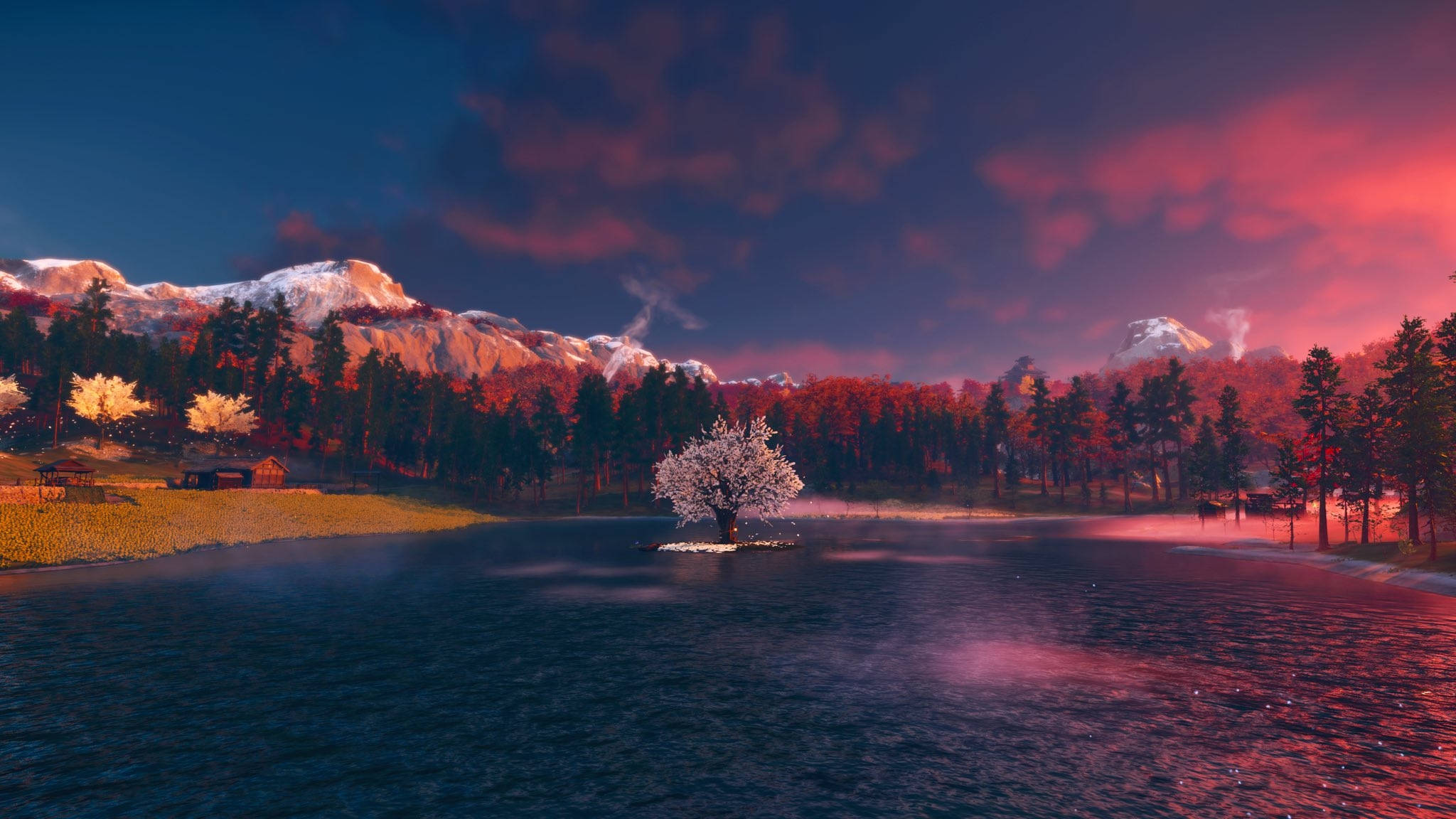 Ghost Of Tsushima, cherry blossom tree, calm lake, Full HD Desktop Wallpaper