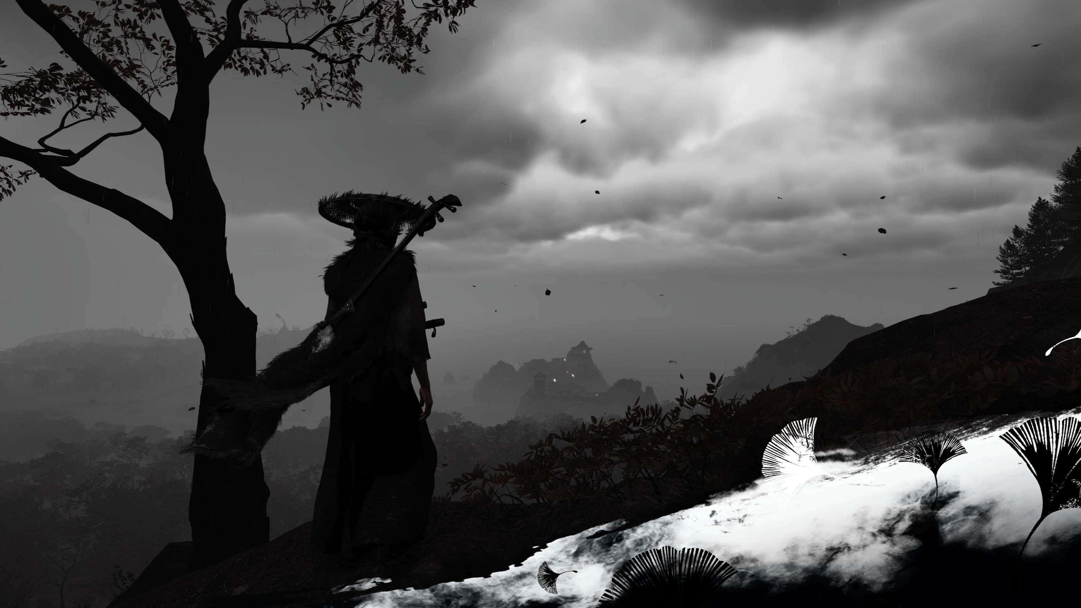Ghost Of Yotei, traditional armor, tree, 2K Desktop Wallpaper