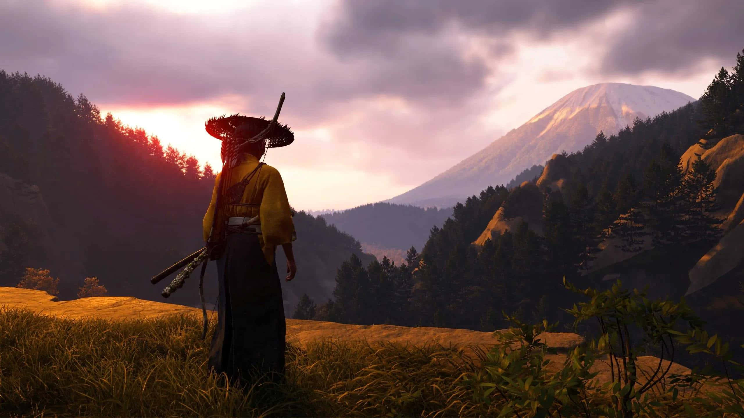 Ghost Of Yotei, snowcapped mountain, dusky purple sky, 2K Desktop Wallpaper