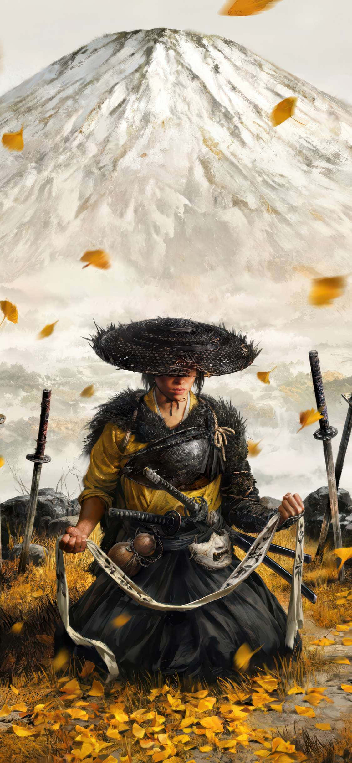 Ghost Of Yotei Warrior, samurai warrior, wide-brimmed hat, Full HD Phone Wallpaper