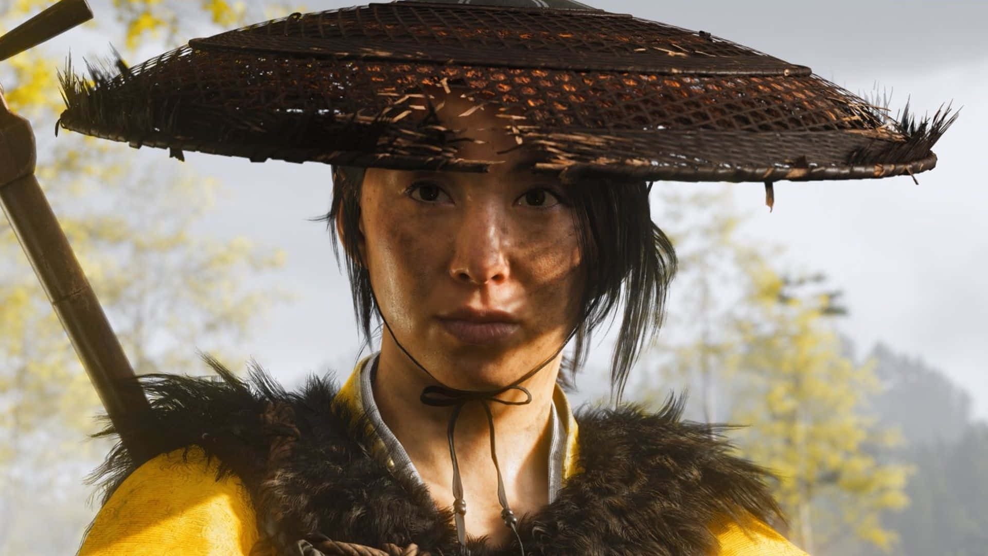 Ghost Of Yotei, straw hat, yellow fur-trimmed robe, Full HD Desktop Wallpaper