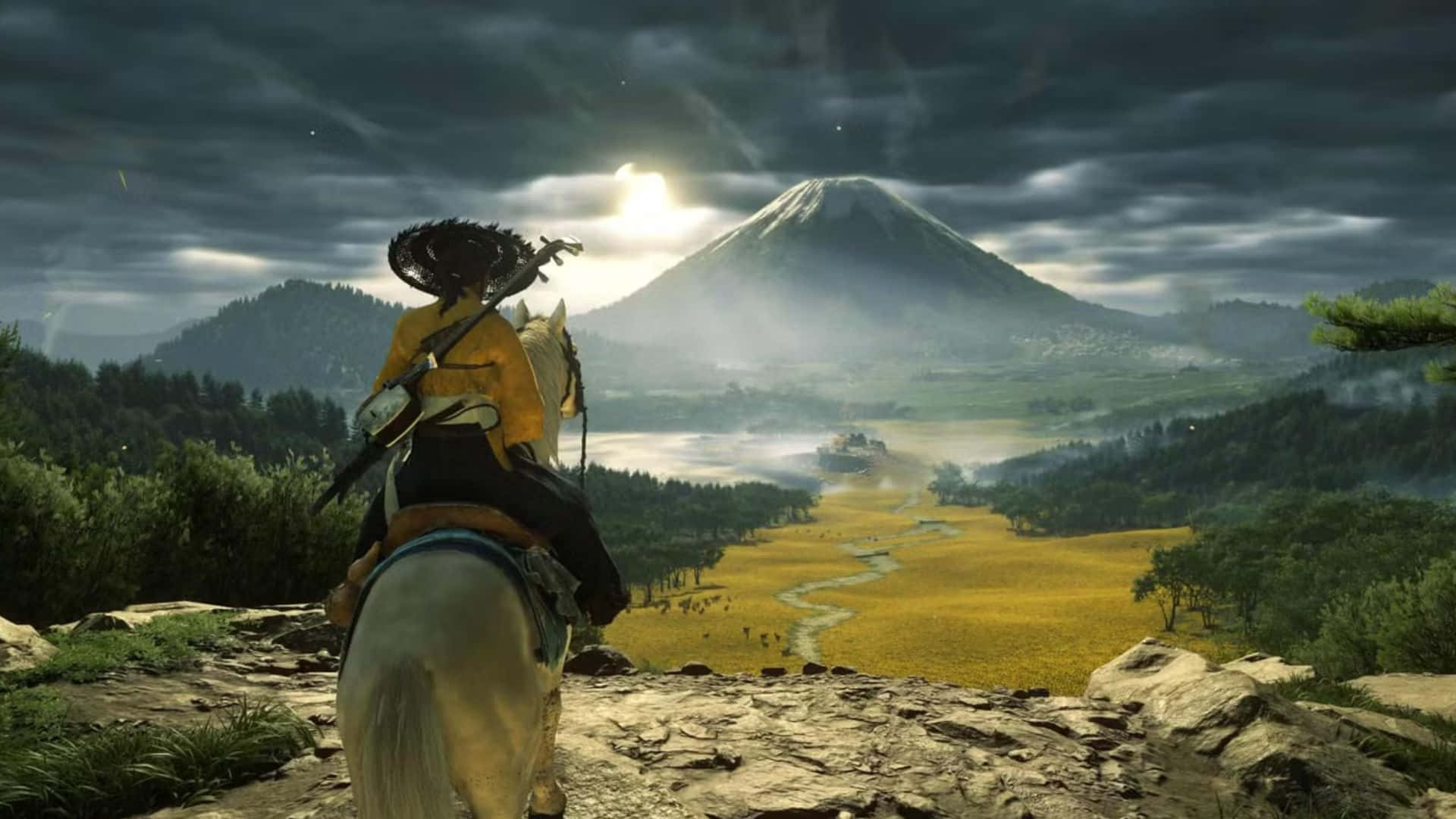 Ghost Of Yotei, snowcapped mountain, stormy sky, Full HD Desktop Wallpaper