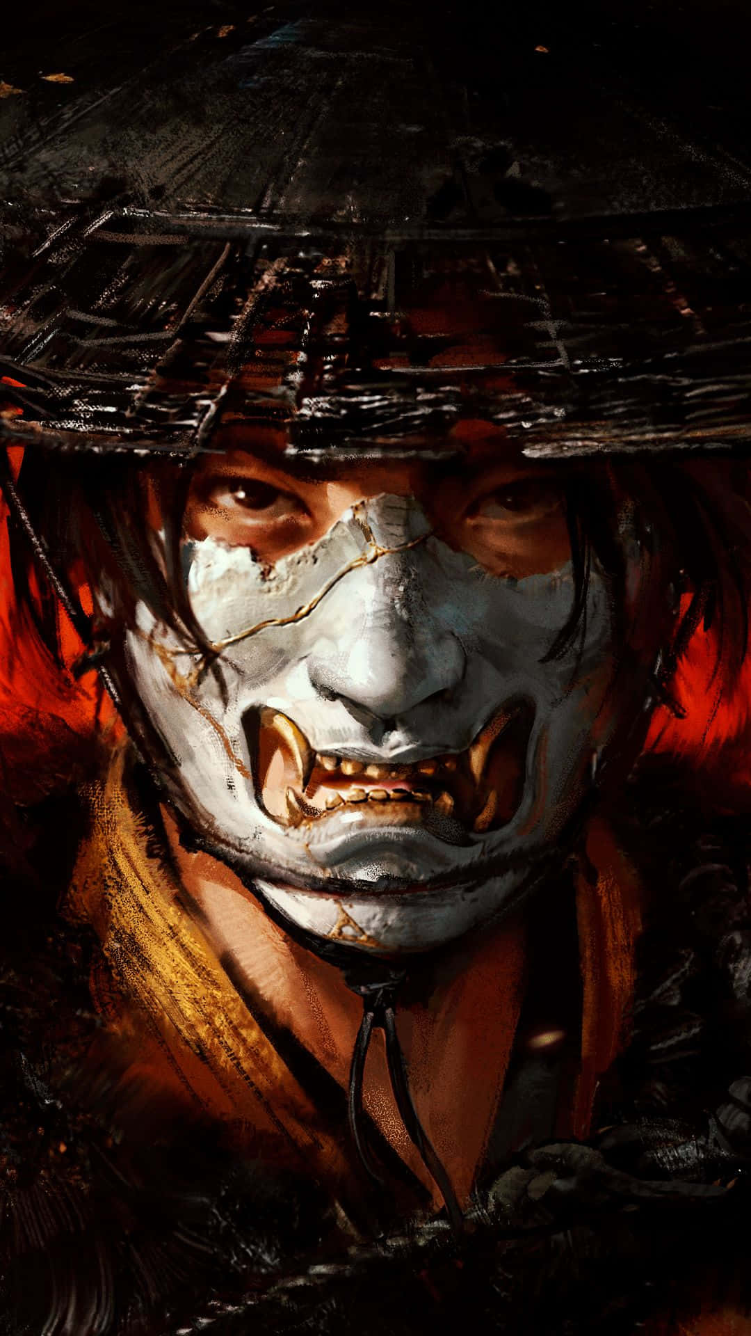 Ghost Of Yotei, cracked white mask, sharp teeth, Full HD Phone Wallpaper