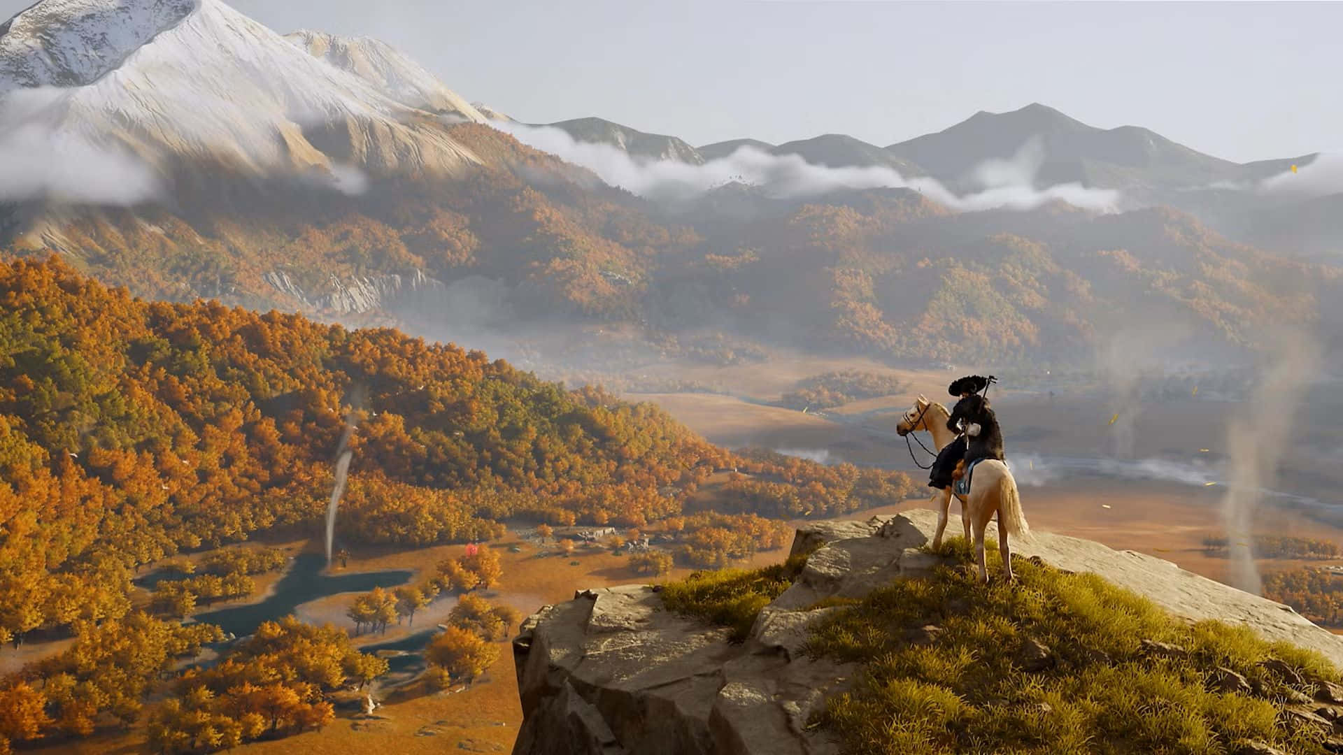 Ghost Of Yotei, pale horse, grassy cliff, Full HD Desktop Wallpaper