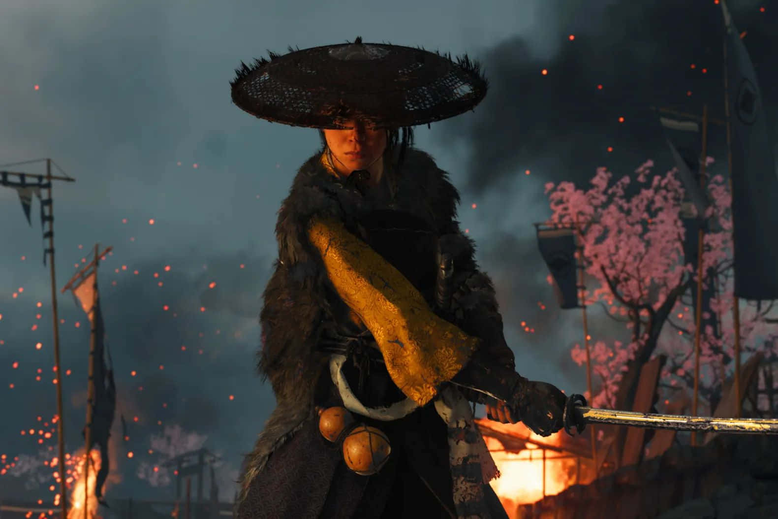 Ghost Of Yotei, samurai warrior, wide-brimmed hat, HD Desktop Wallpaper