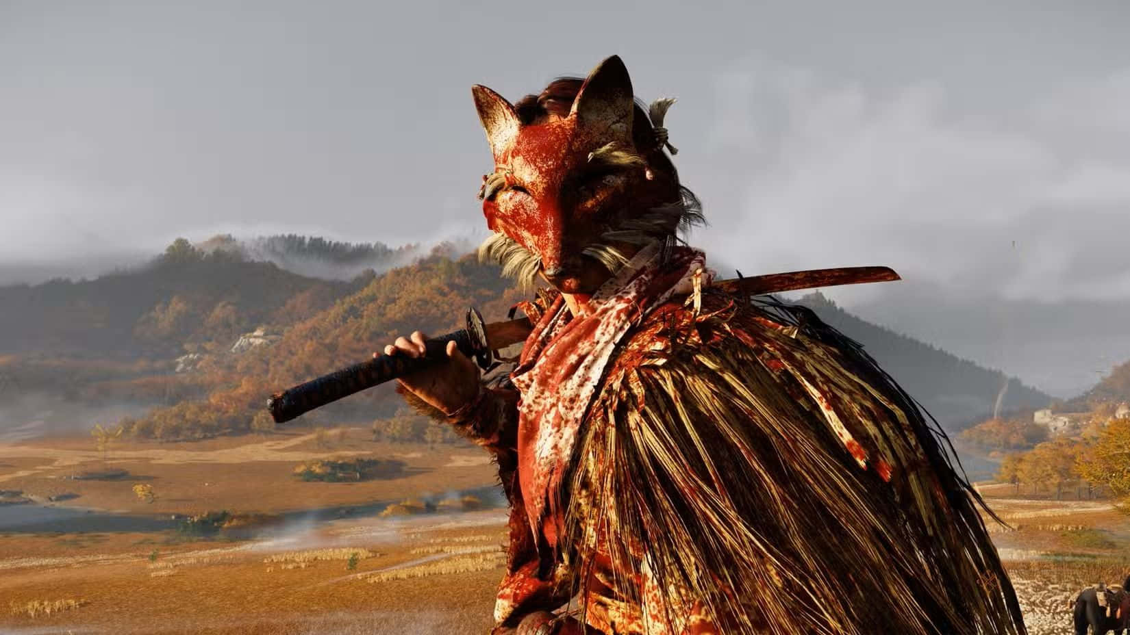 Ghost Of Yotei, fox-headed samurai warrior, bloodstained armor, HD Desktop Wallpaper