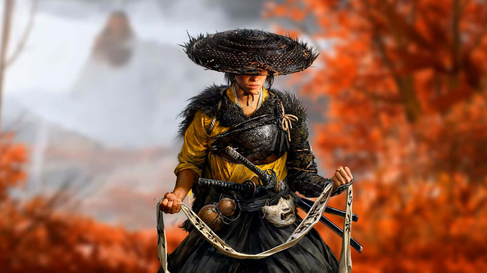 Ghost Of Yotei Warrior, samurai warrior, wide-brimmed hat, HD Desktop Wallpaper
