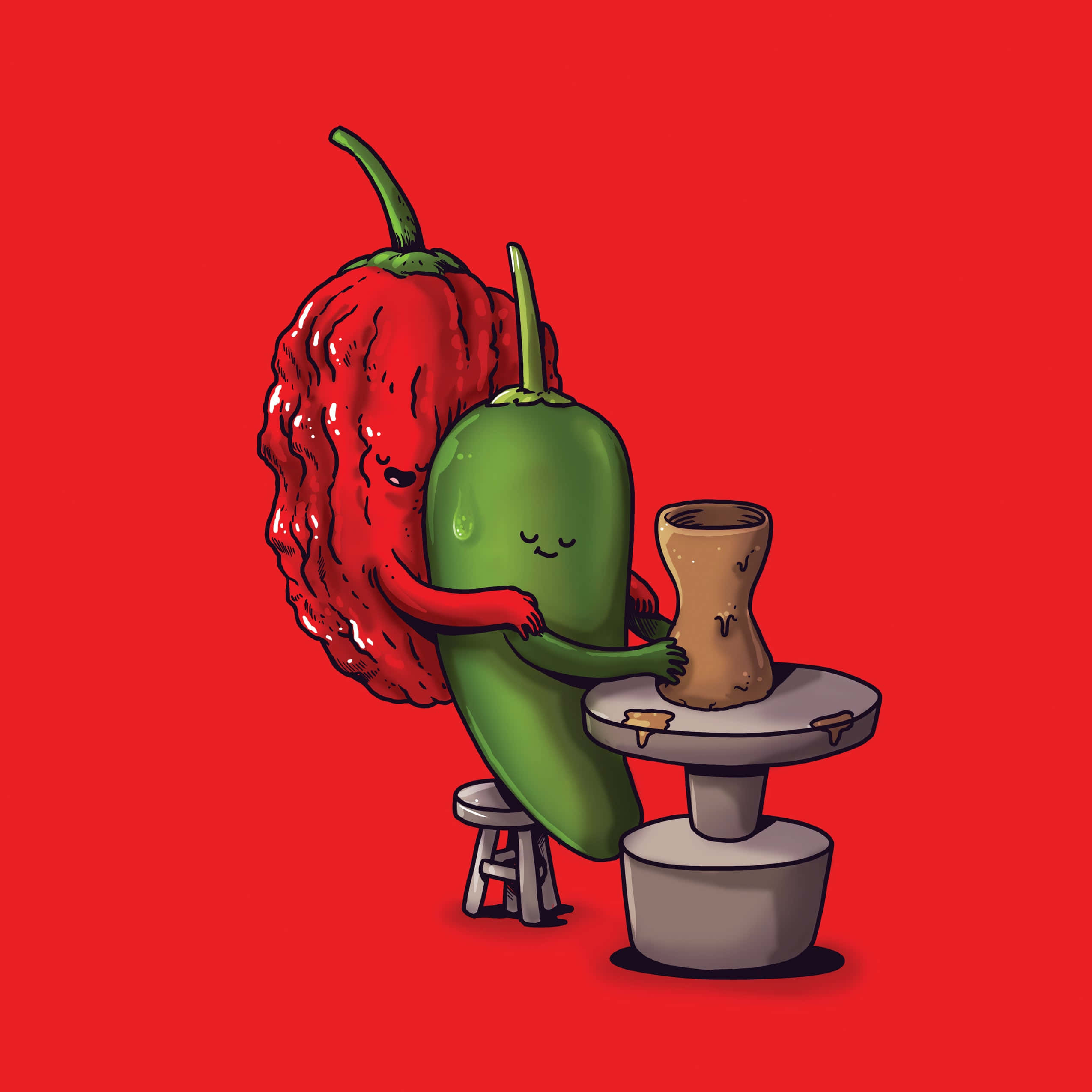 Ghost Pepper, red and green cartoon chili pepper, clay pot, Full HD Desktop Wallpaper
