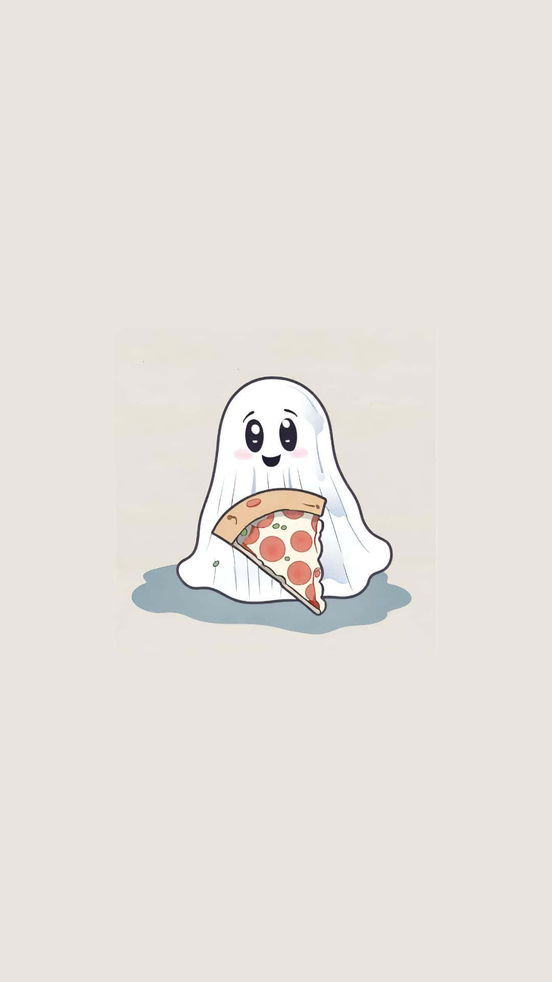 Ghostly Pizza Snack, cute cartoon ghost, big eyes, Full HD Phone Wallpaper