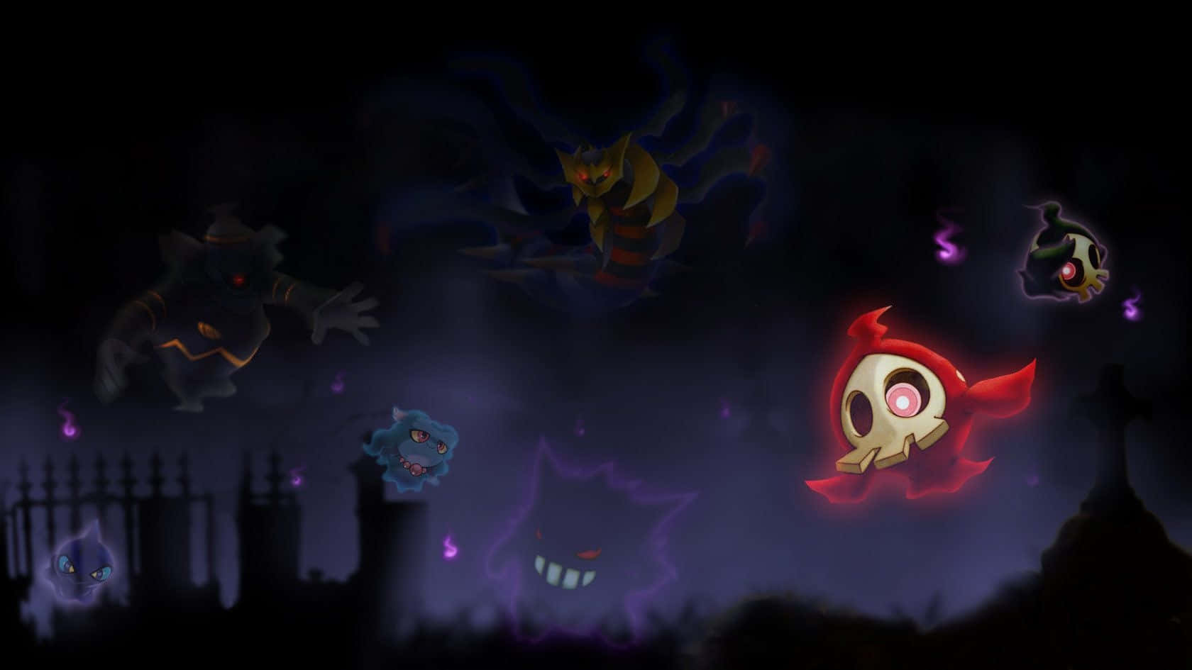 Ghost Pokemon, haunted graveyard, purple night sky, HD Desktop Wallpaper