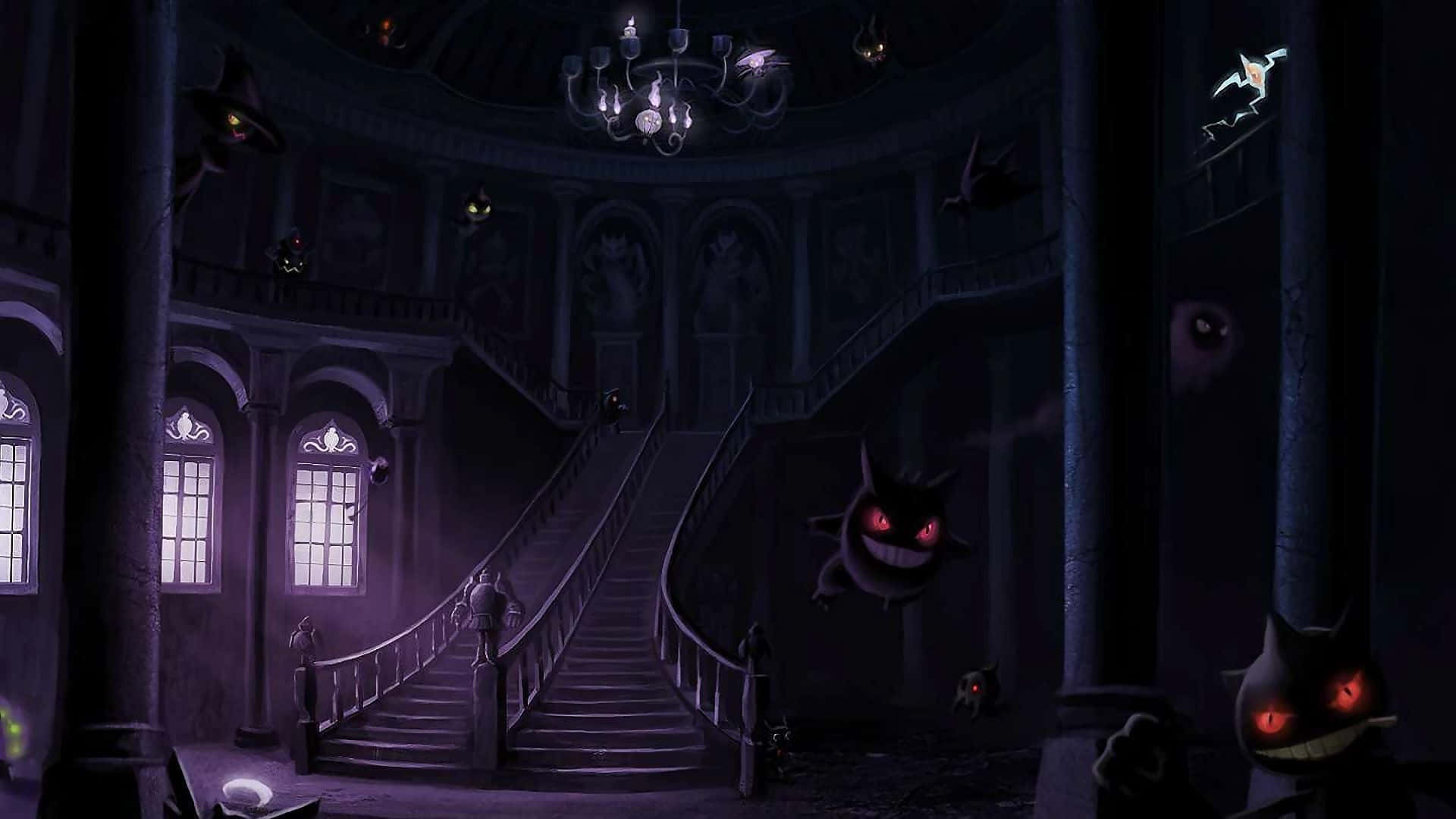Ghost Pokemon, gothic mansion hall, glowing red-eyed ghostly creatures, Full HD Desktop Wallpaper