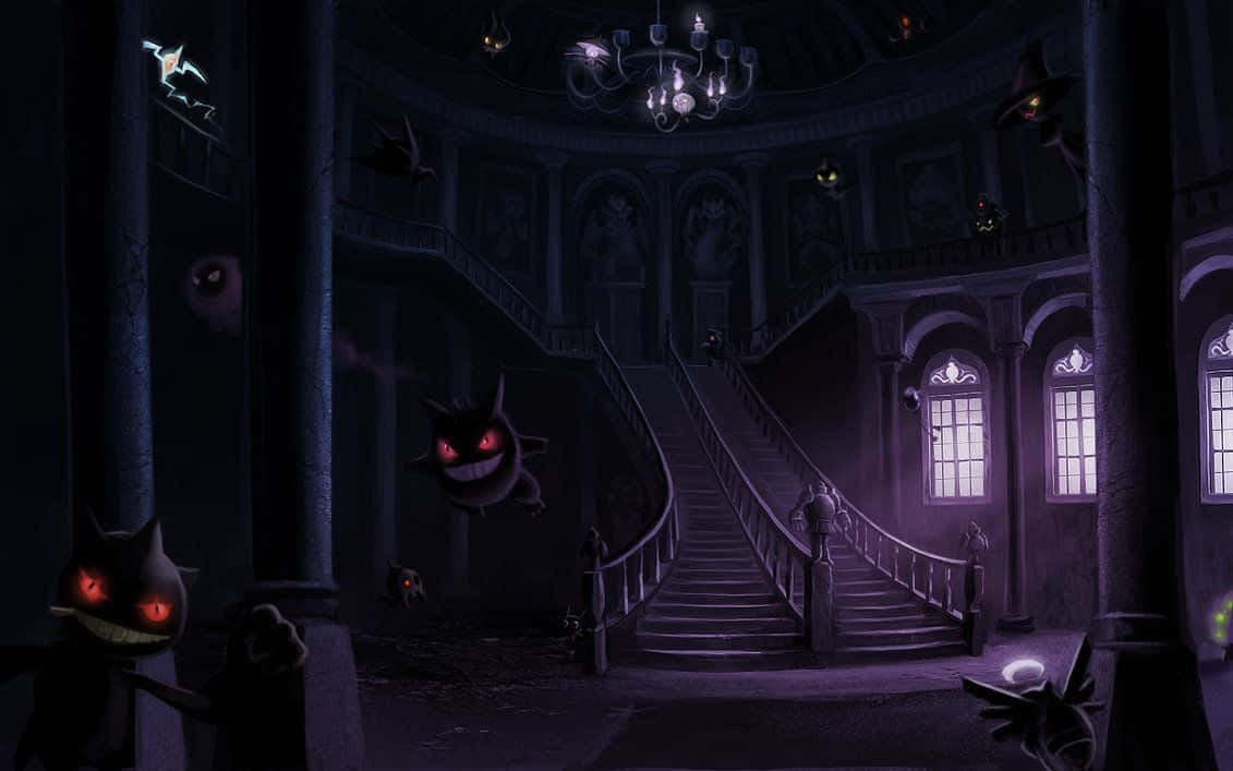 Ghost Pokemon, glowing red eyes, grand, dimly lit mansion staircase, SD Desktop Wallpaper