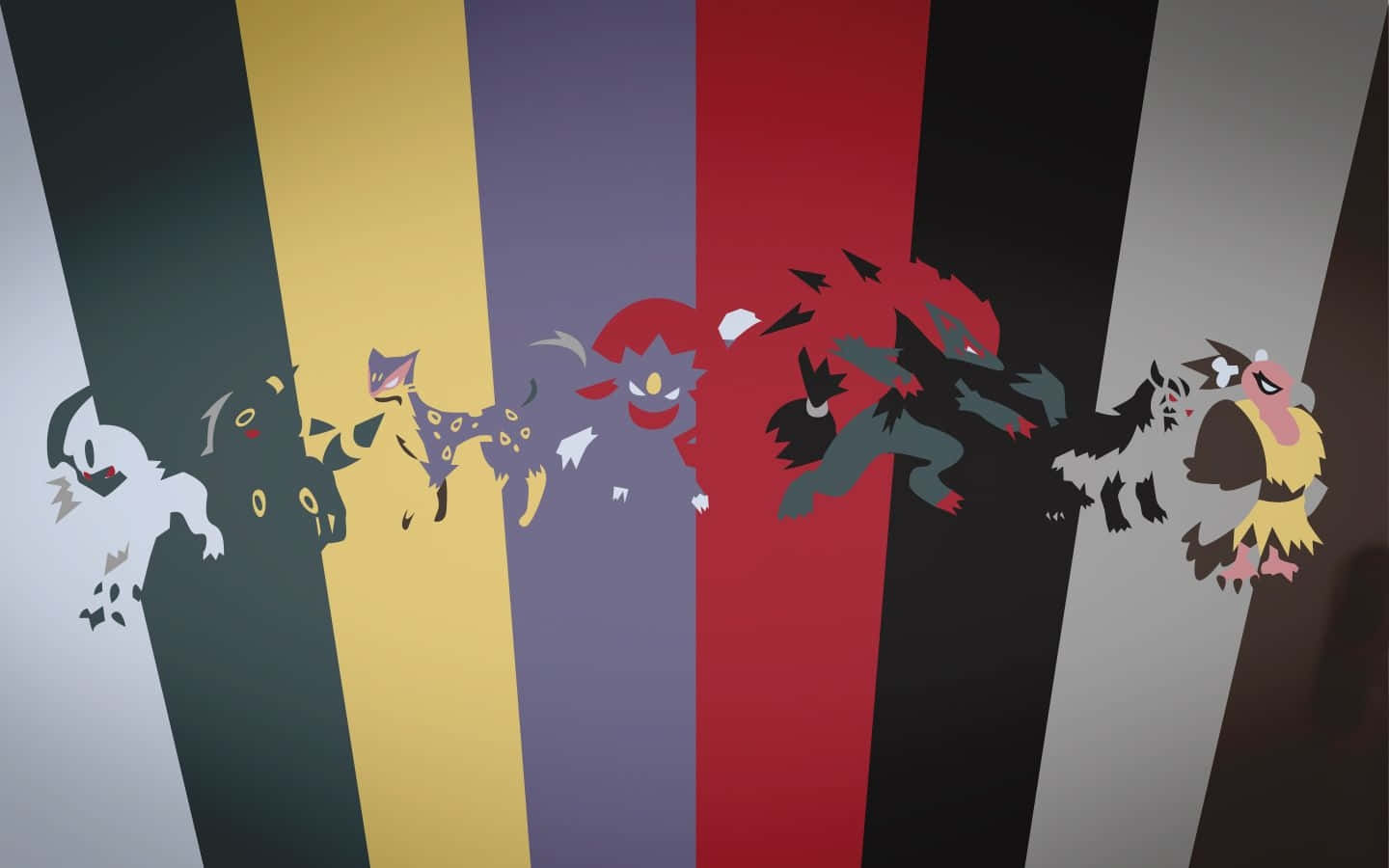 Ghost Pokemon, seven stylized Pokémon silhouettes, bold vertical stripes of color, HD Desktop Wallpaper