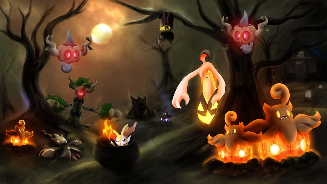 Ghost Pokemon, jack-o'-lantern creatures, spooky forest, HD Desktop Wallpaper