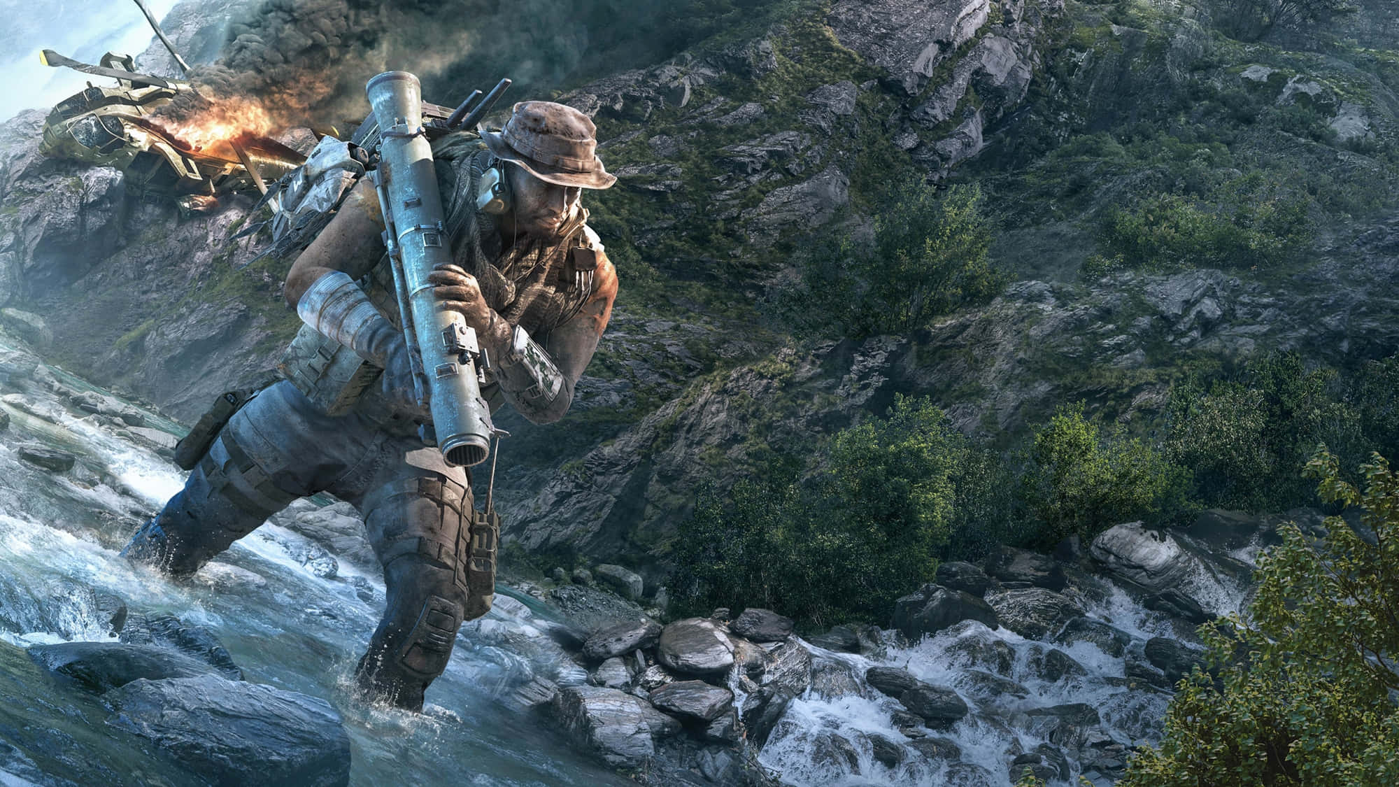 Ghost Recon, soldier, mountain stream, Full HD Desktop Wallpaper