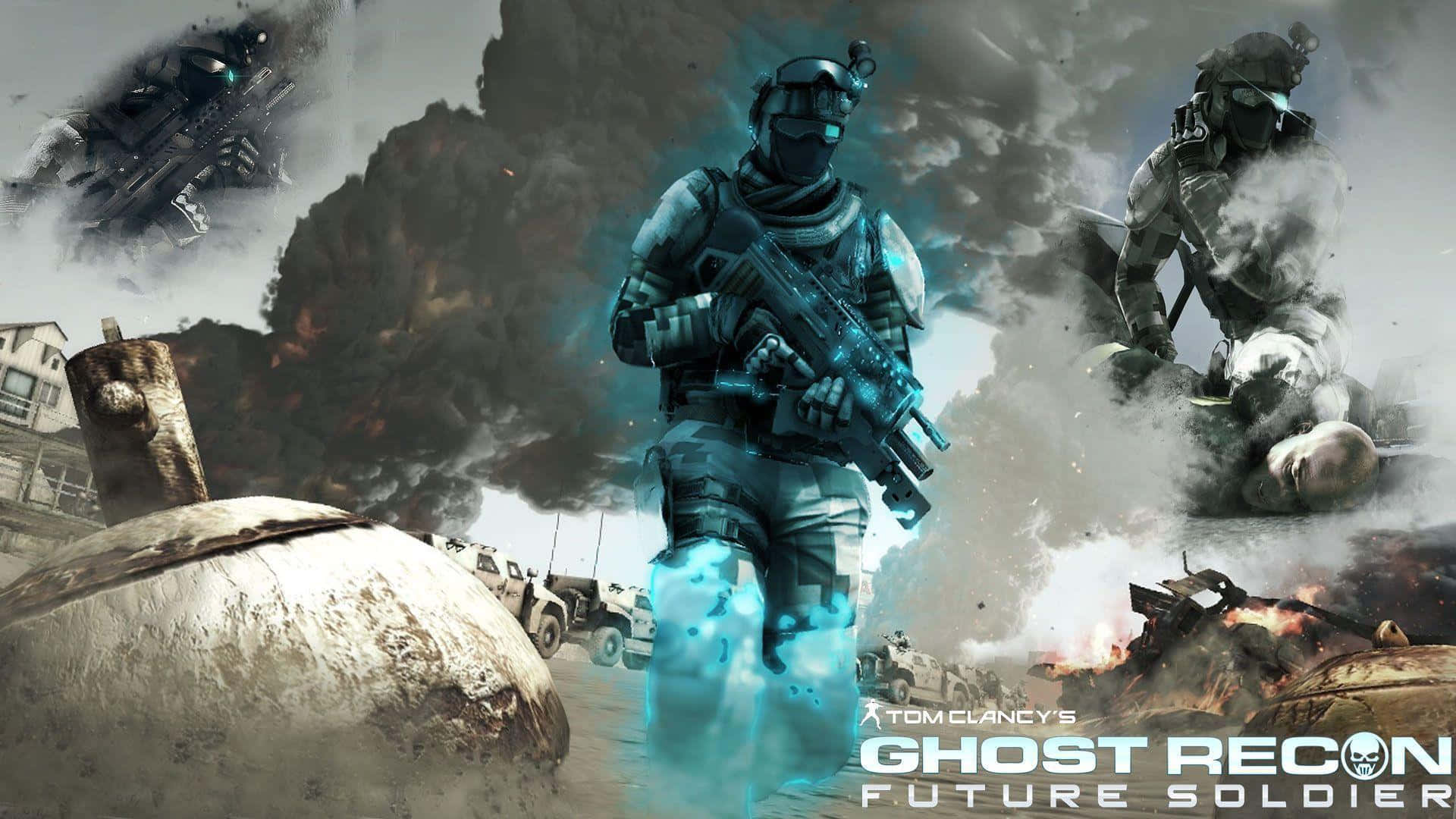 Ghost Recon, glowing blue armor, war-torn urban battlefield, Full HD Desktop Wallpaper