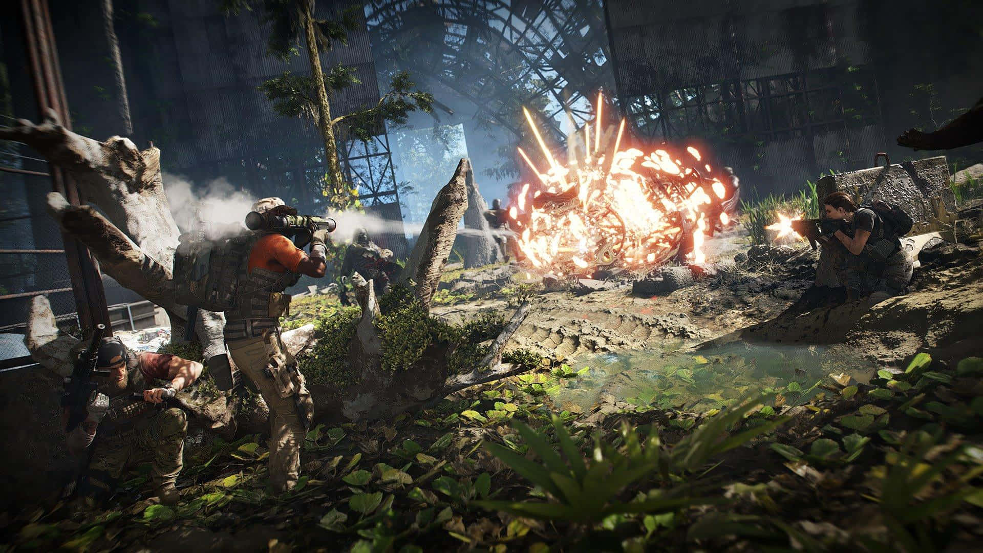 Ghost Recon, jungle ruins, explosion, Full HD Desktop Wallpaper