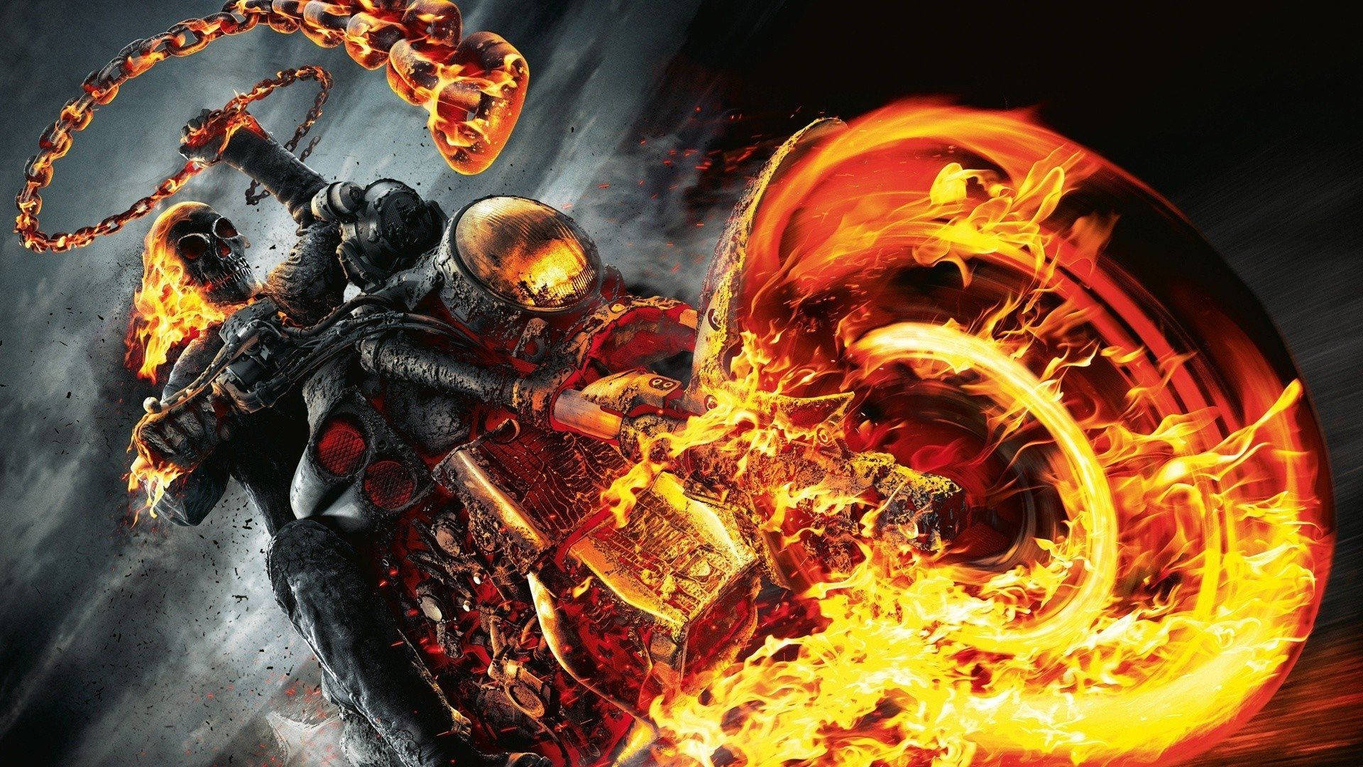 Ghost Rider, flaming motorcycle, fiery chain, Full HD Desktop Wallpaper