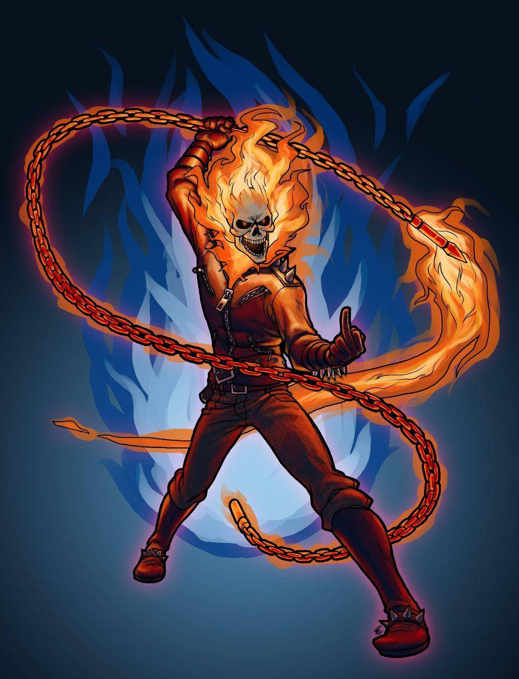 Ghost Rider, flaming chain, dark blue flame background, HD Phone Wallpaper