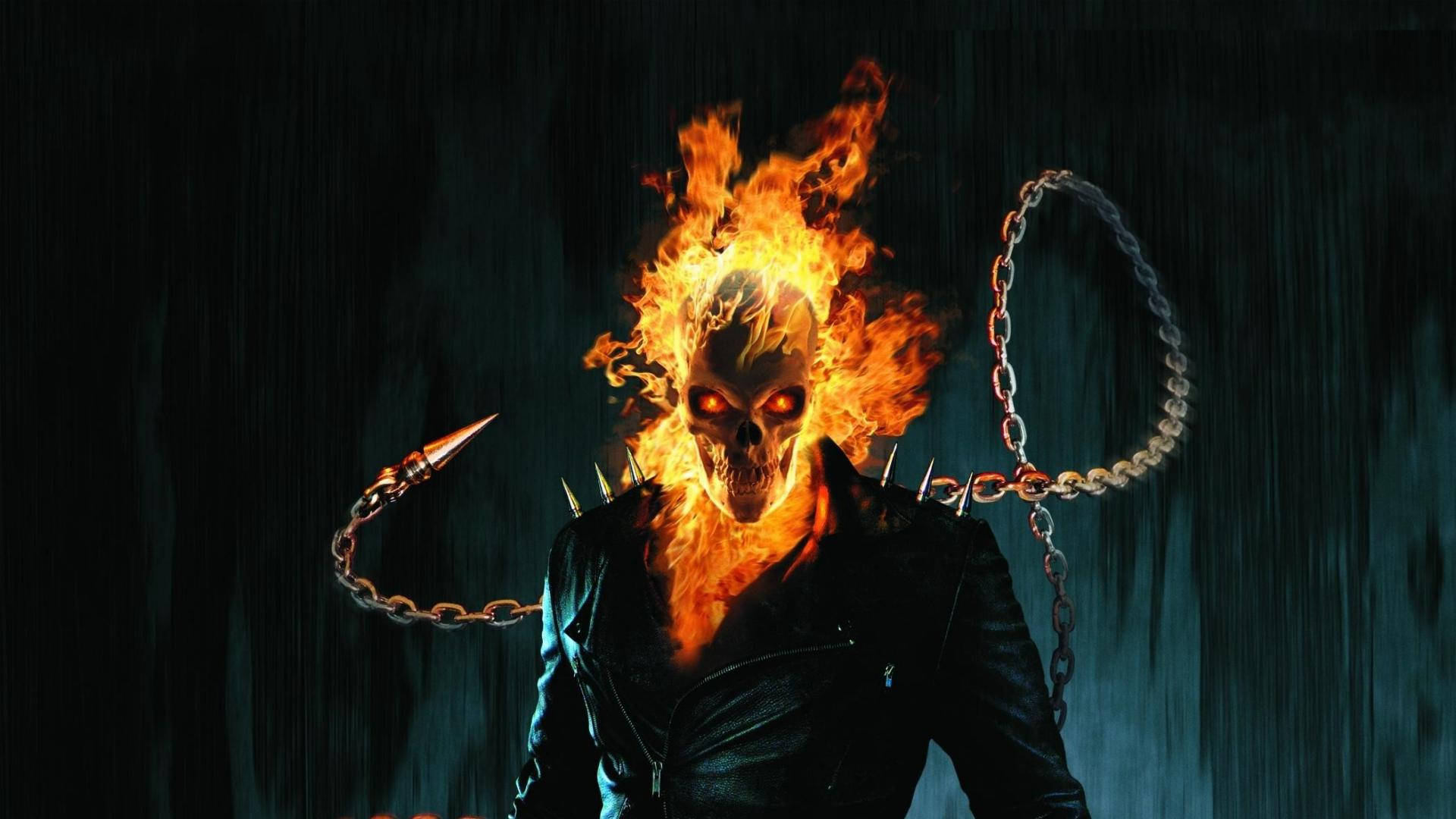 Ghost Rider, fiery skeletal figure, glowing red eyes, Full HD Desktop Wallpaper