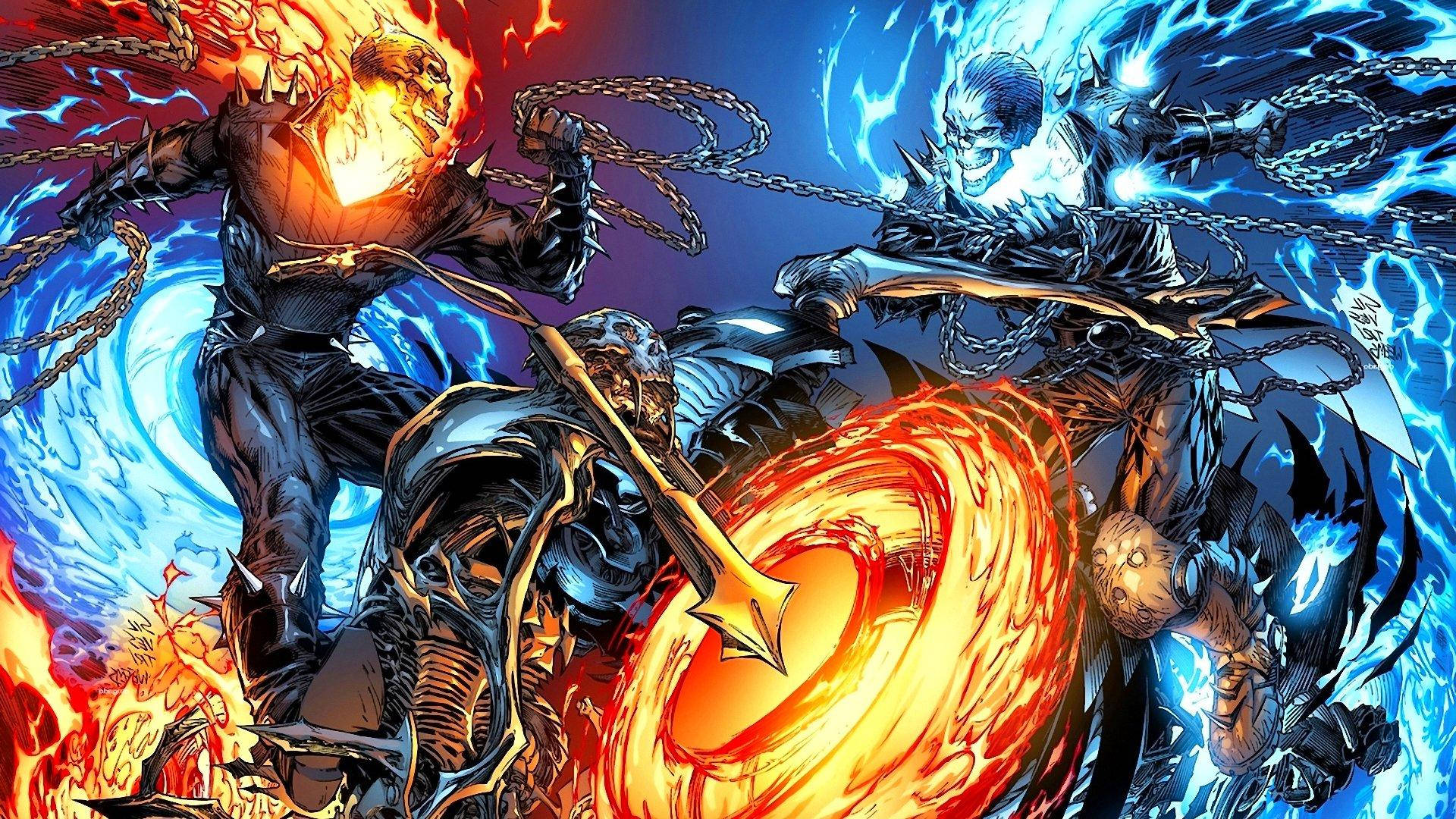 Blue Ghost Rider, skeletal warriors, fiery and icy energy, Full HD Desktop Wallpaper