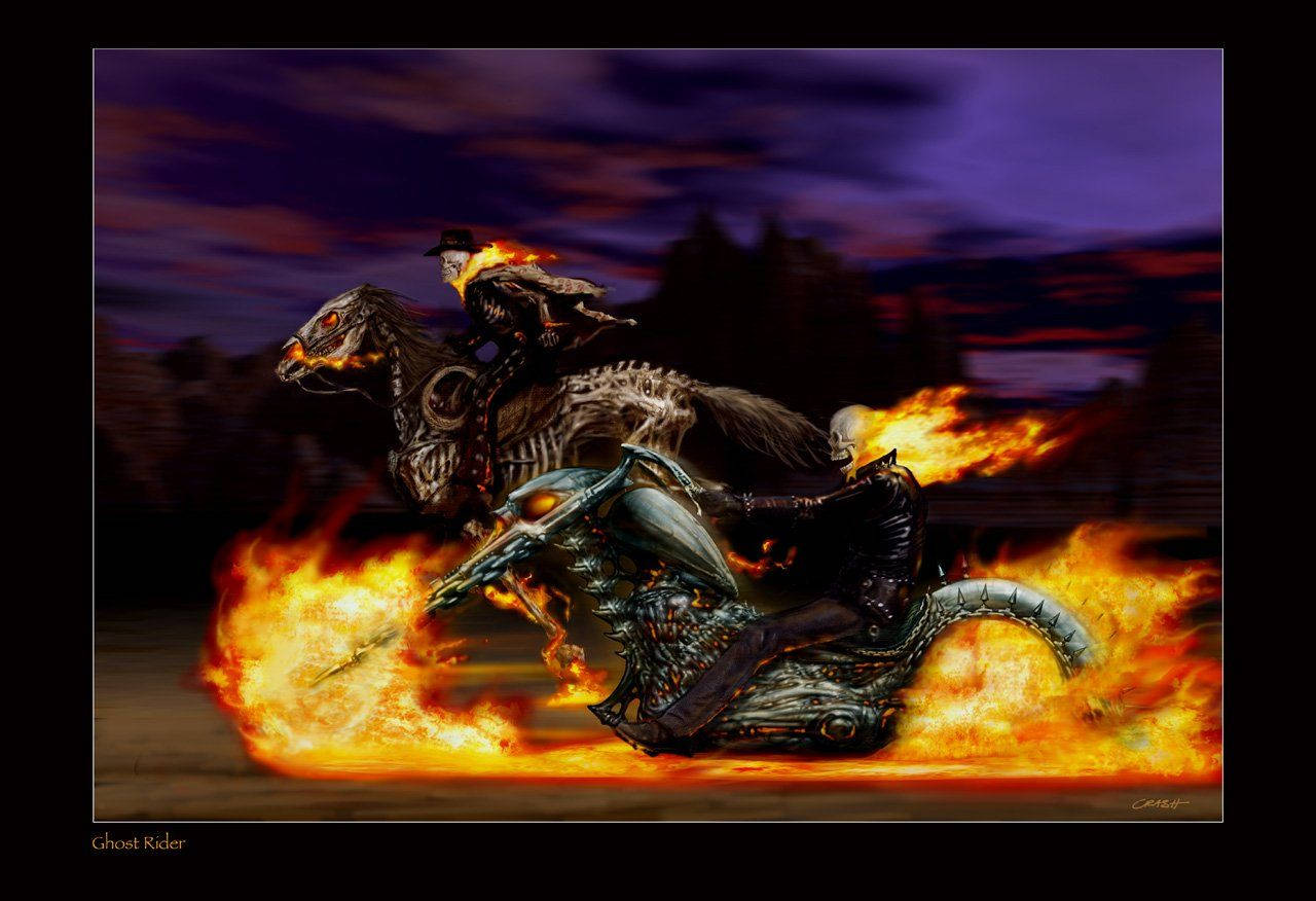 Ghost Rider, flaming skeletal motorcycle, fiery dusk, HD Desktop Wallpaper