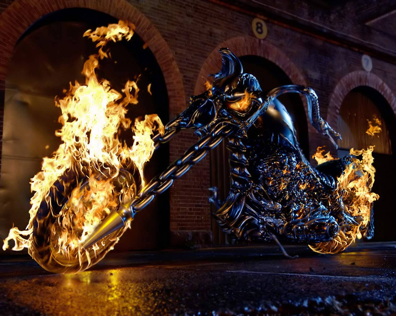 Ghost Rider, flaming black motorcycle, demonic chains, HD Desktop Wallpaper