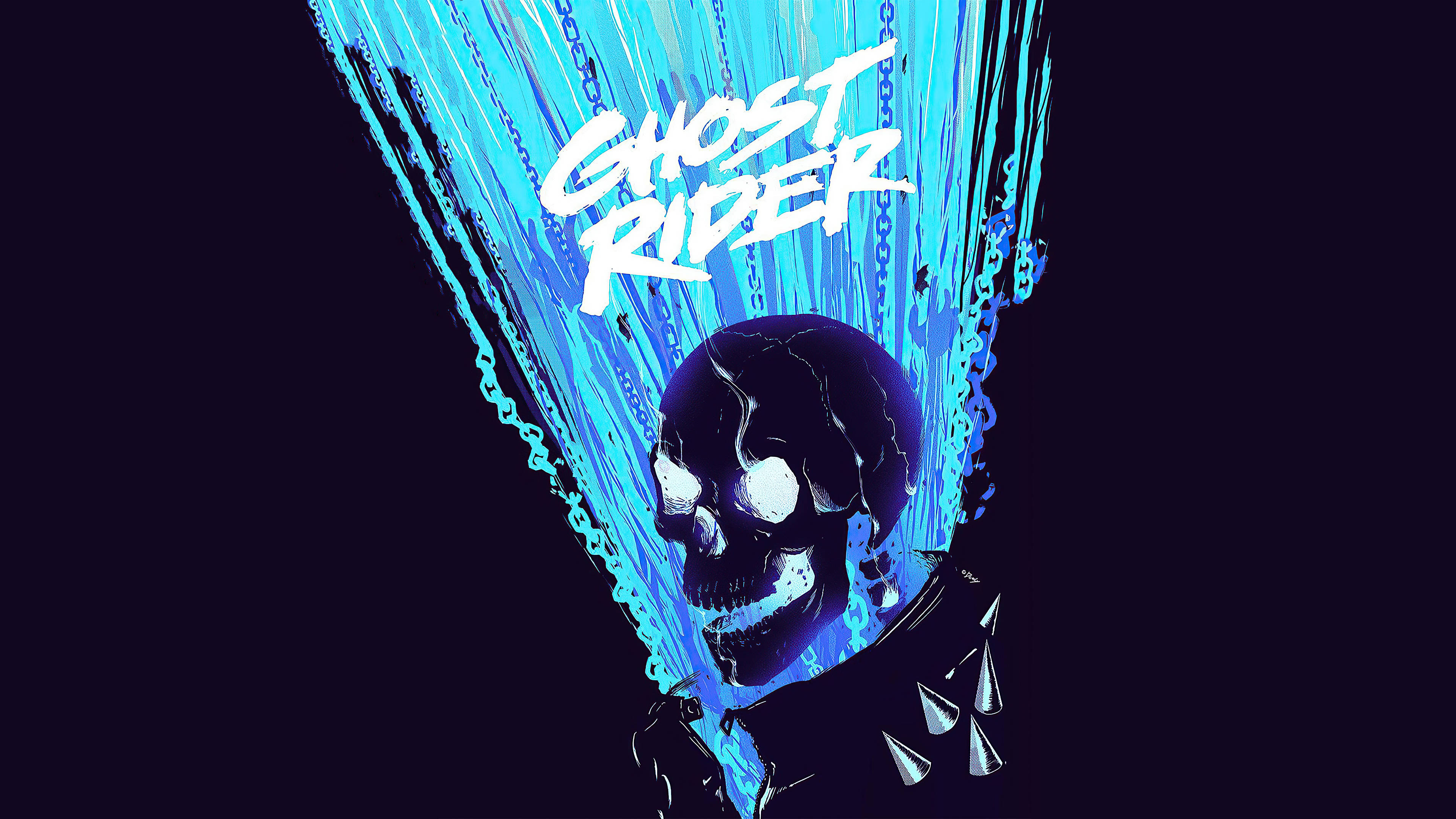 Blue Ghost Rider, glowing eyes, blue chains, 4K Desktop Wallpaper