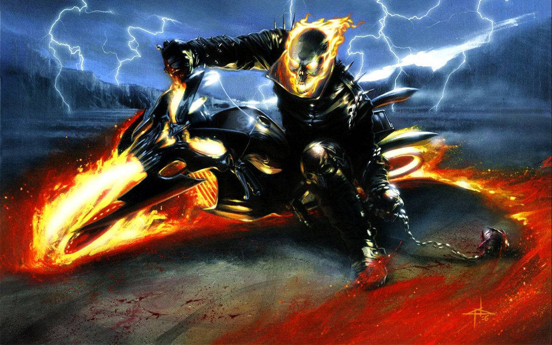 Ghost Rider, flaming motorcycle, stormy night, SD Desktop Wallpaper