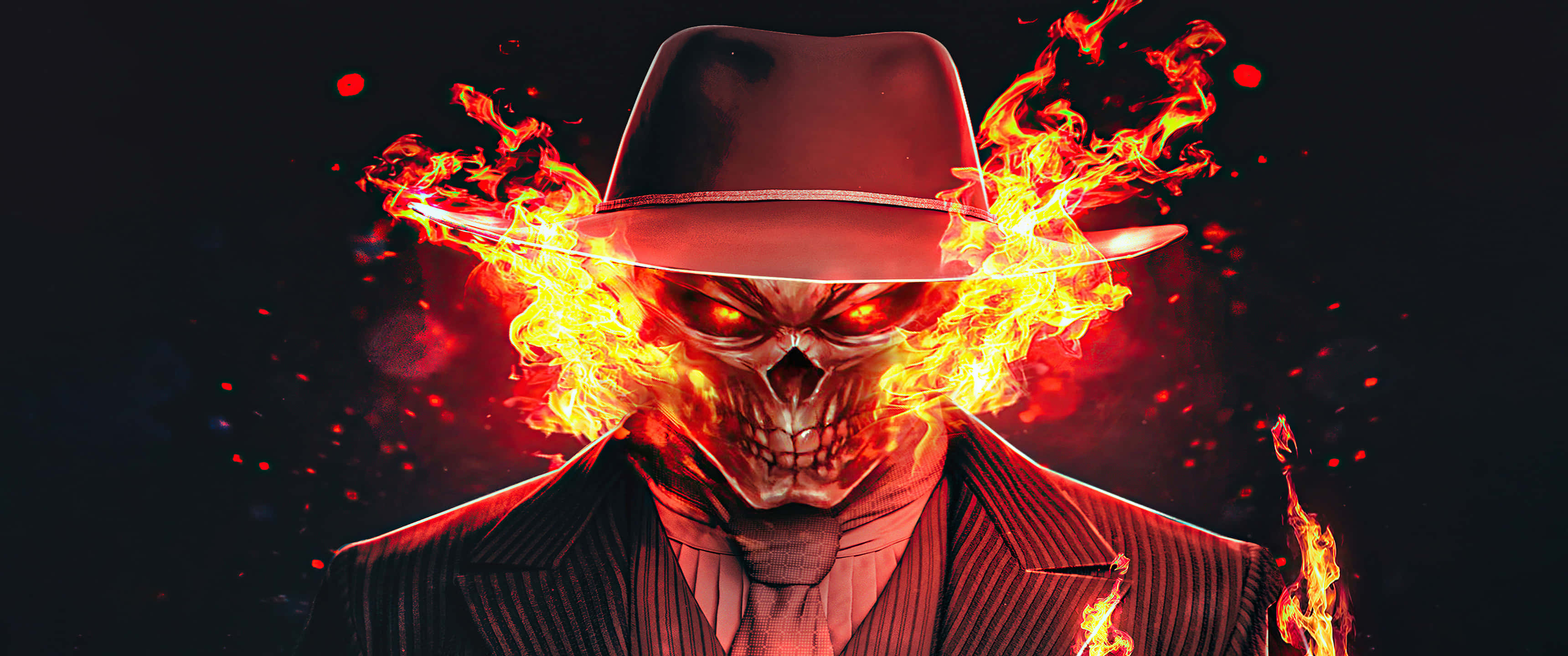 Ghost Rider, flaming skull, fedora, 2K Desktop Wallpaper