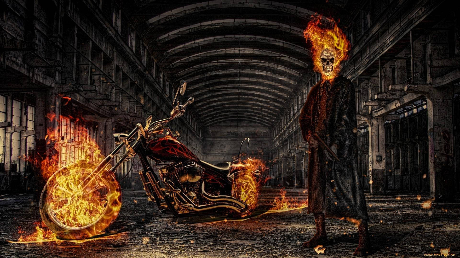 Ghost Rider, flaming skull-headed figure, blazing motorcycle, Full HD Desktop Wallpaper