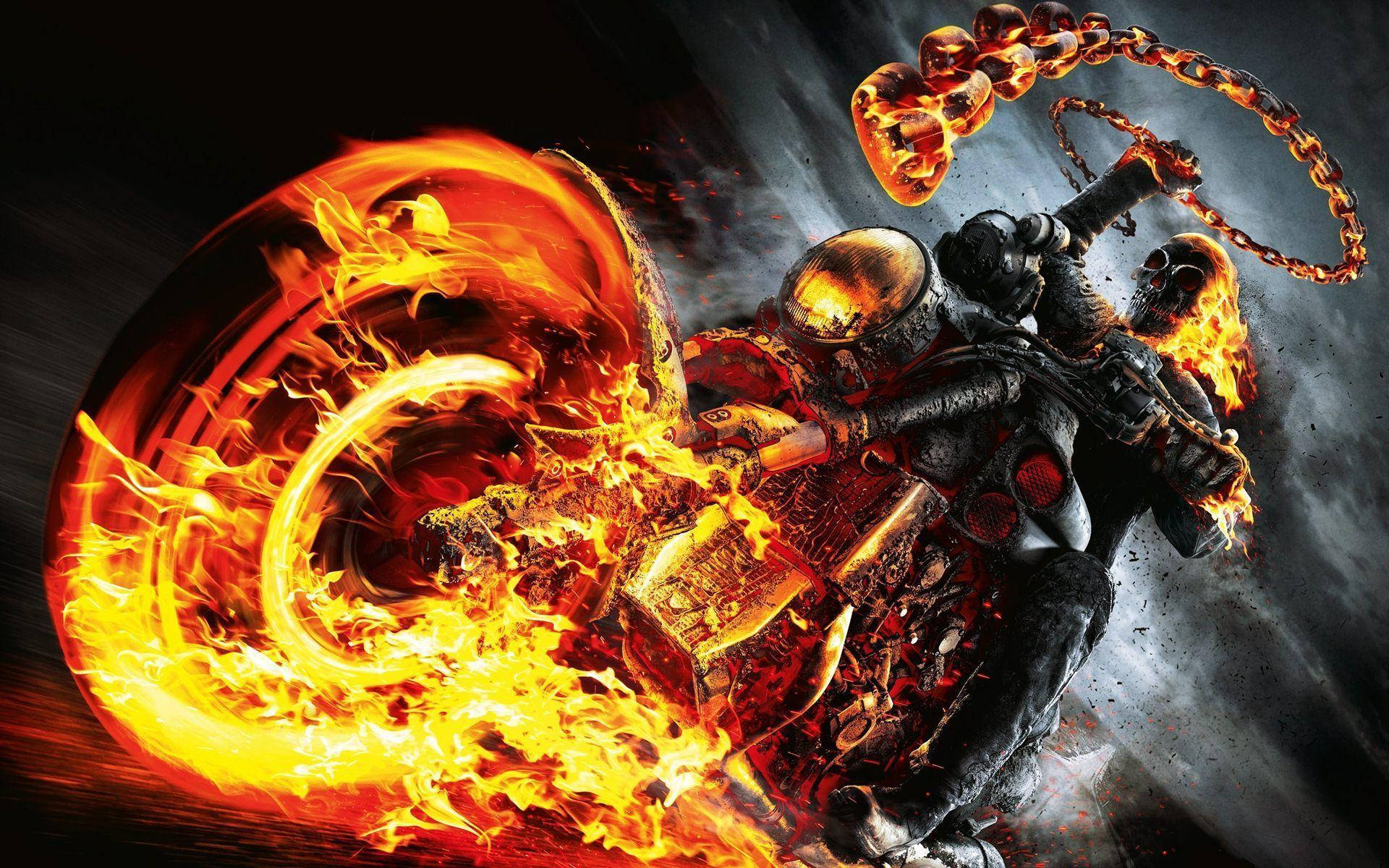 Ghost Rider, flaming motorcycle, dark stormy sky, Full HD Desktop Wallpaper