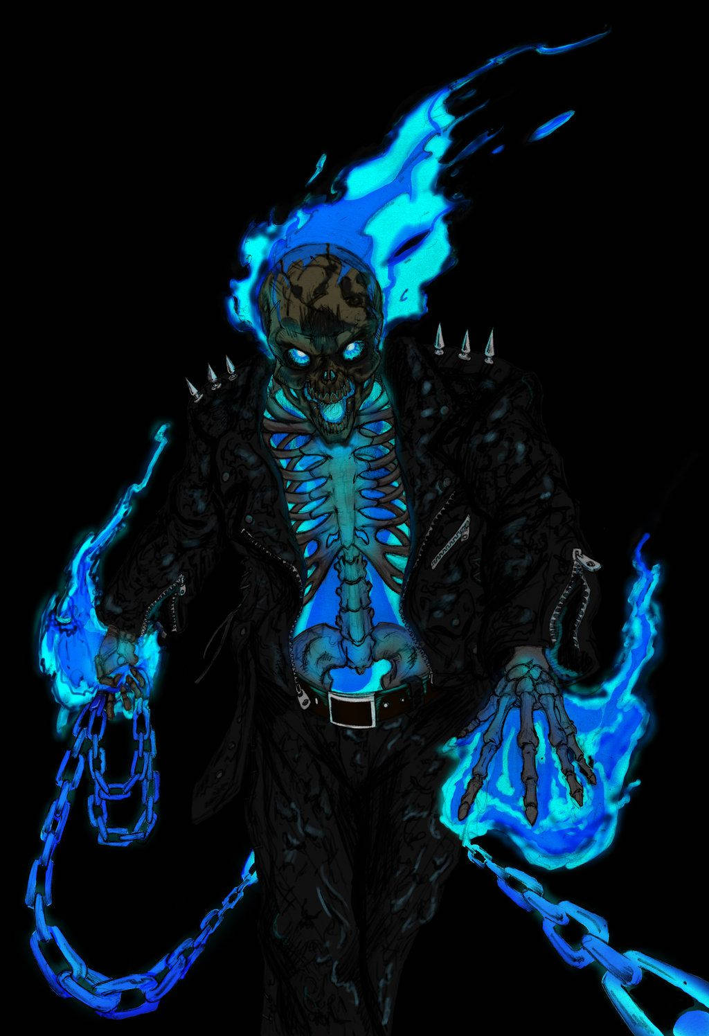 Blue Ghost Rider, skeleton body, glowing blue flames, HD Phone Wallpaper
