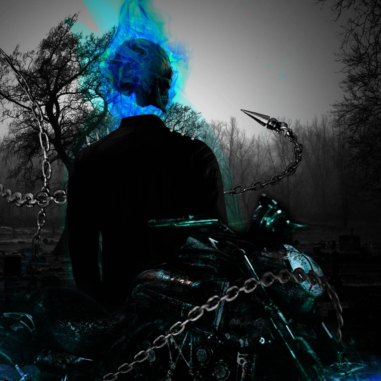 Blue Ghost Rider, spiked motorcycle, dark misty graveyard, HD Desktop Wallpaper