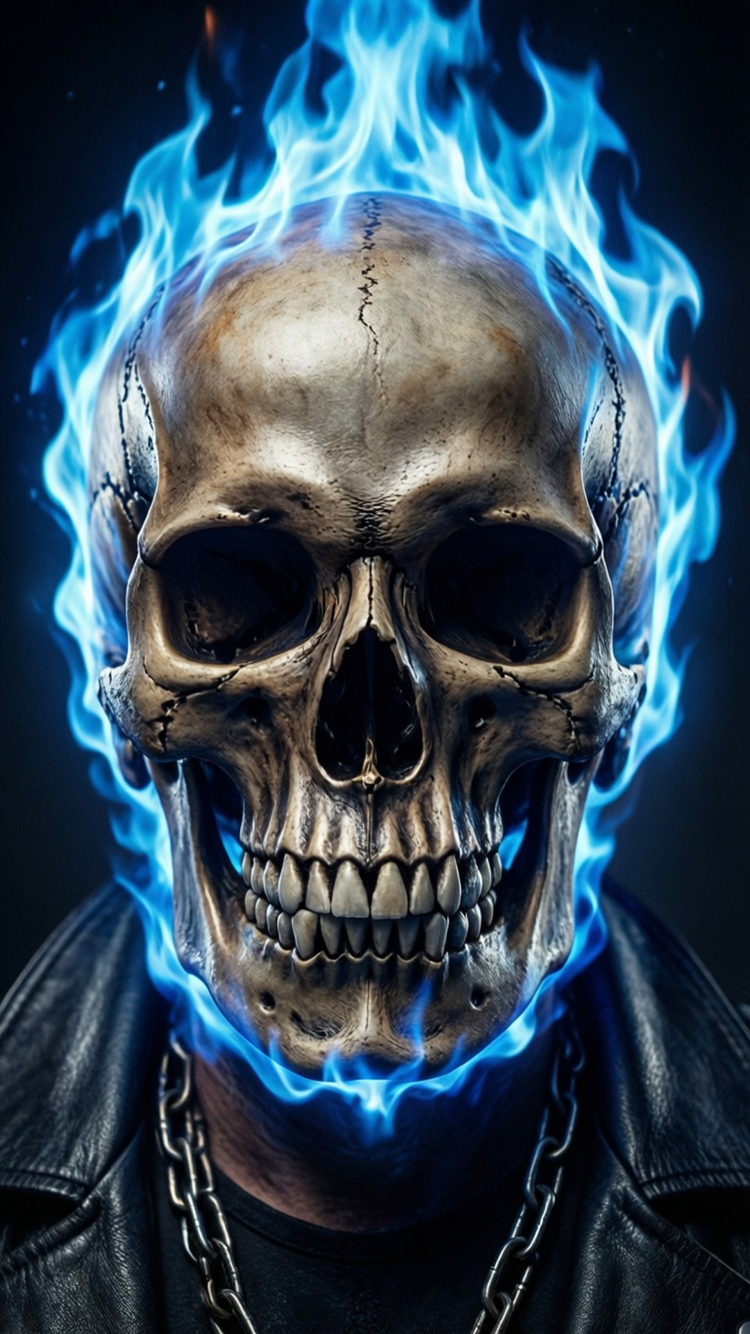 blue blaze skull, electric blue flames, stitched cracks, Full HD Phone Wallpaper