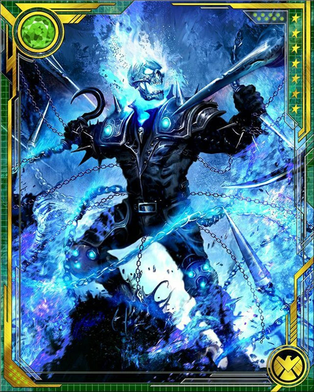 Ghost Rider, flaming skull motorcycle, blue and purple energy explosion, SD Phone Wallpaper