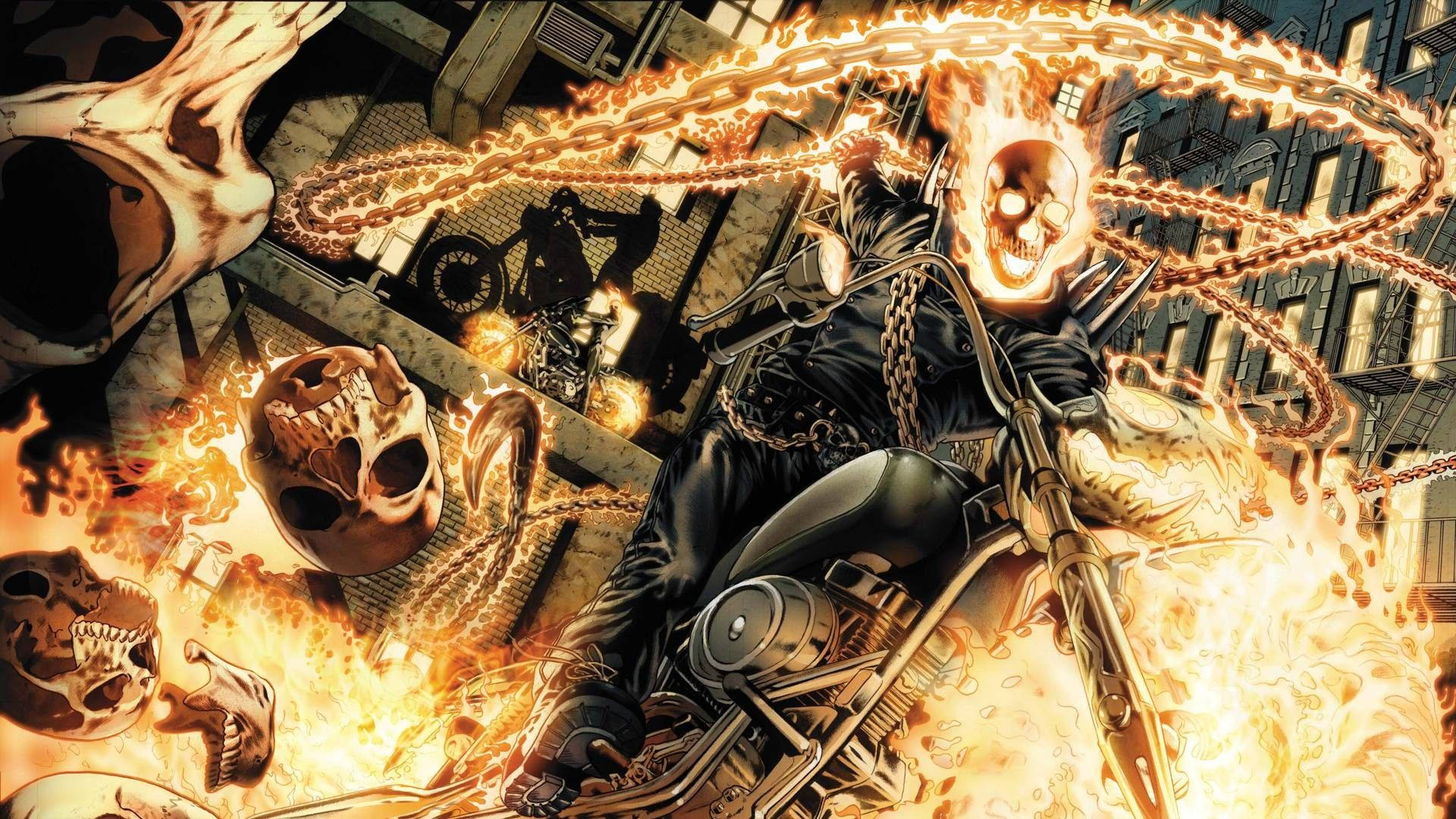 Ghost Rider, flaming motorcycle, cityscape, Full HD Desktop Wallpaper