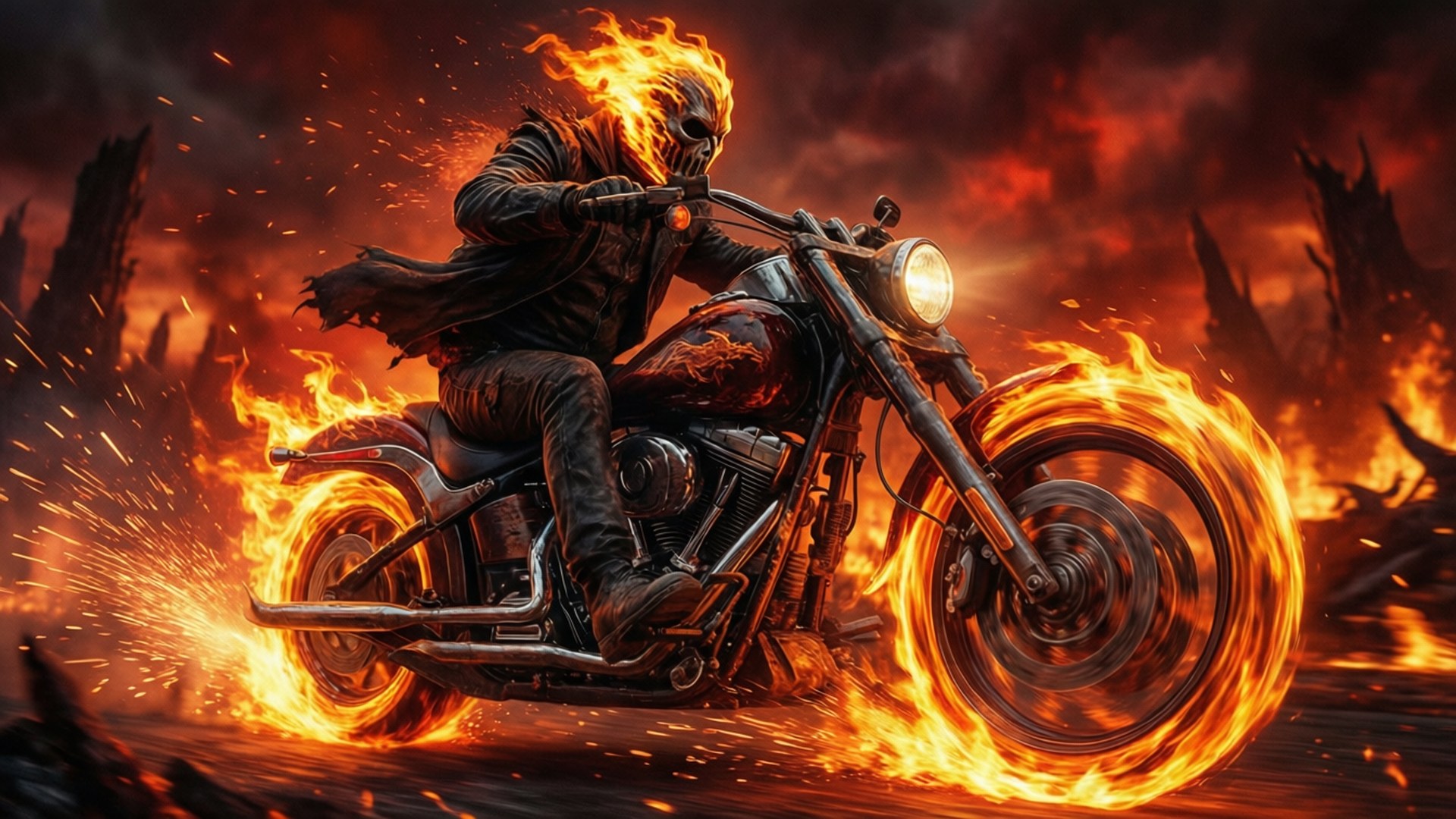 Ghost Rider, flaming skull, blazing motorcycle, Full HD Desktop Wallpaper