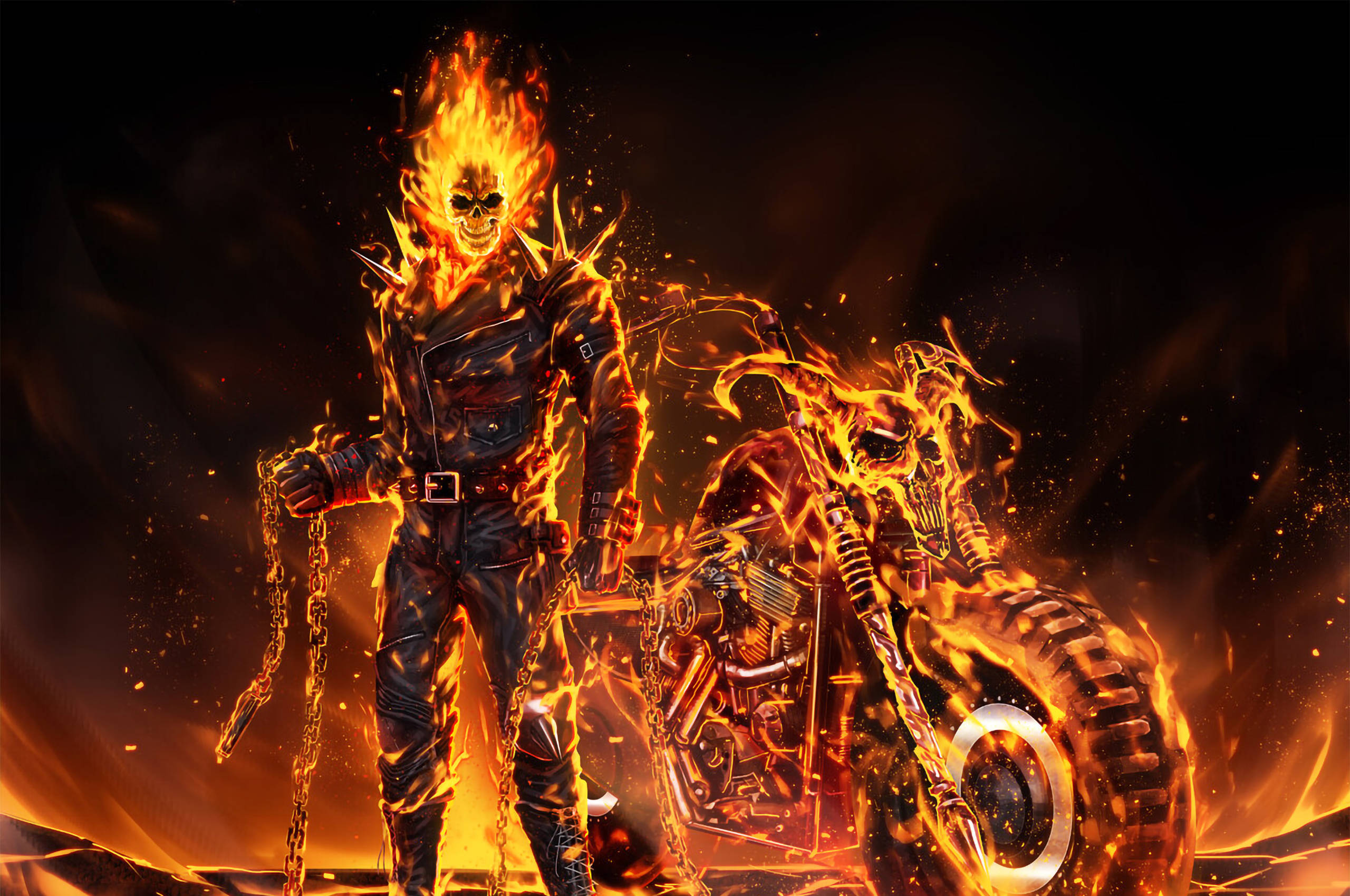 Ghost Rider, flaming skeletal figure, leather, 2K Desktop Wallpaper